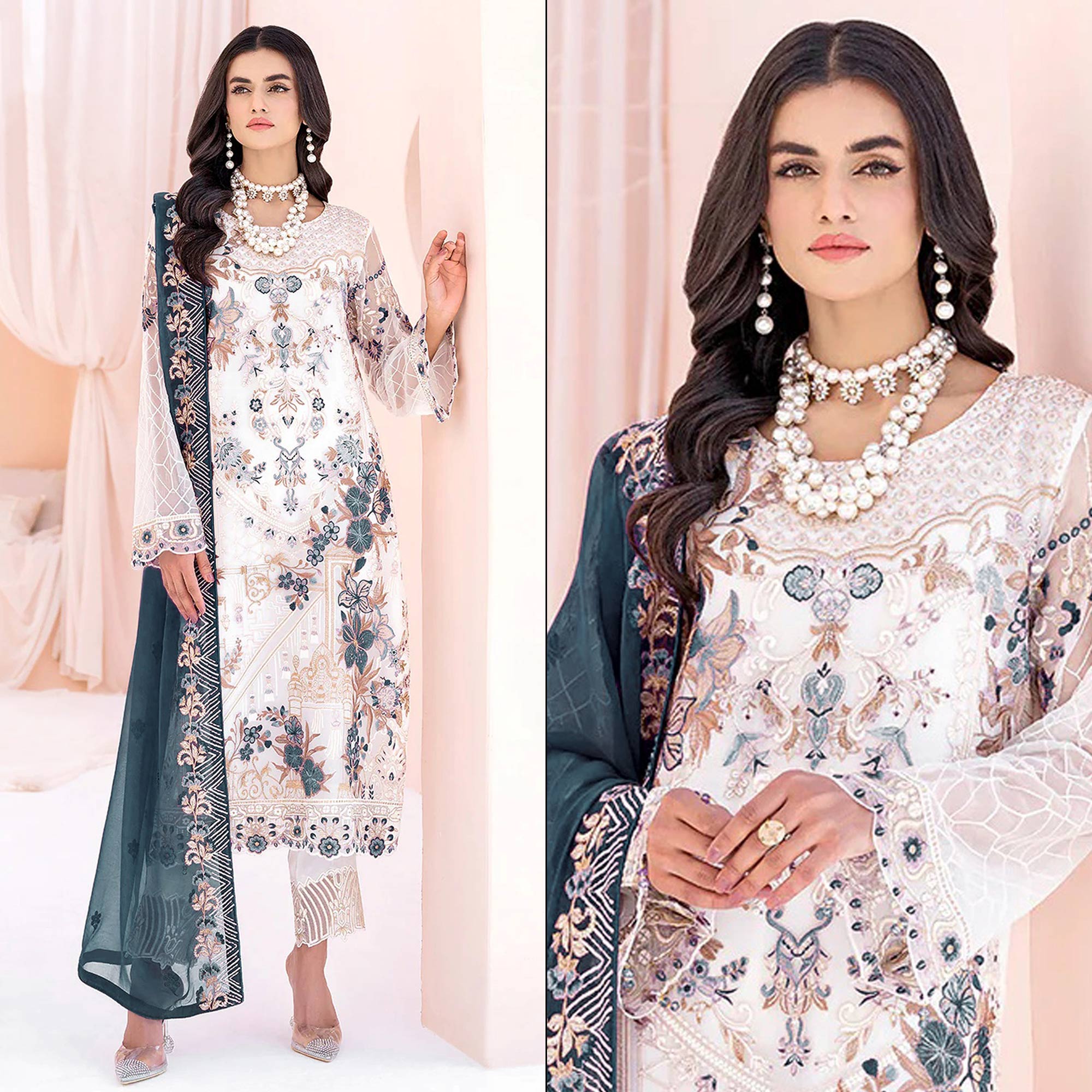 White & Blue Floral Embroidered Georgette Semi Stitched Pakistani Suit