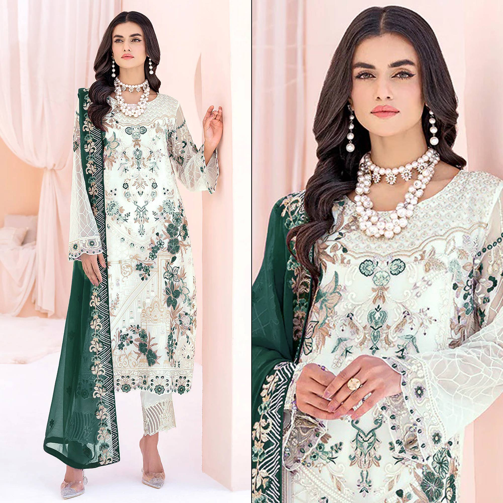 White & Green Floral Embroidered Georgette Semi Stitched Pakistani Suit