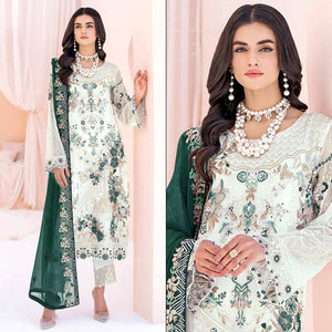 White & Green Floral Embroidered Georgette Semi Stitched Pakistani Suit