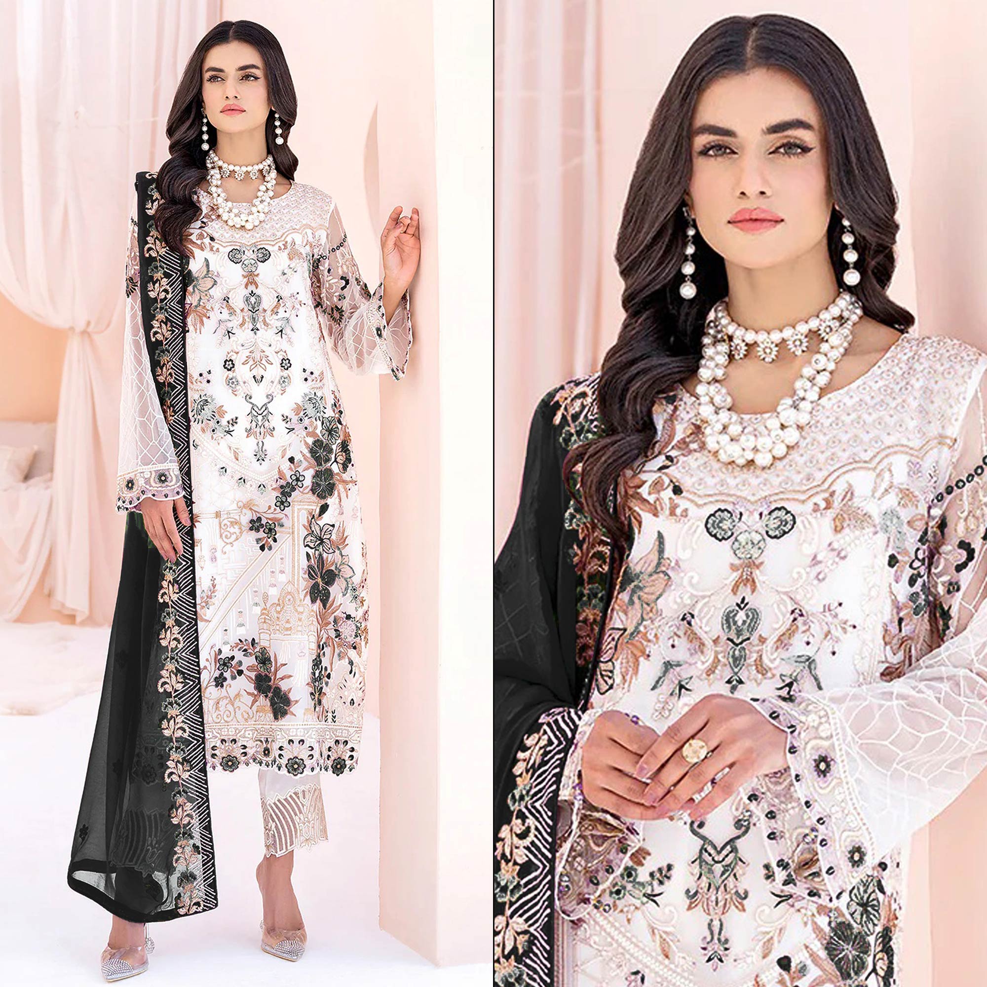 White & Black Floral Embroidered Georgette Semi Stitched Pakistani Suit
