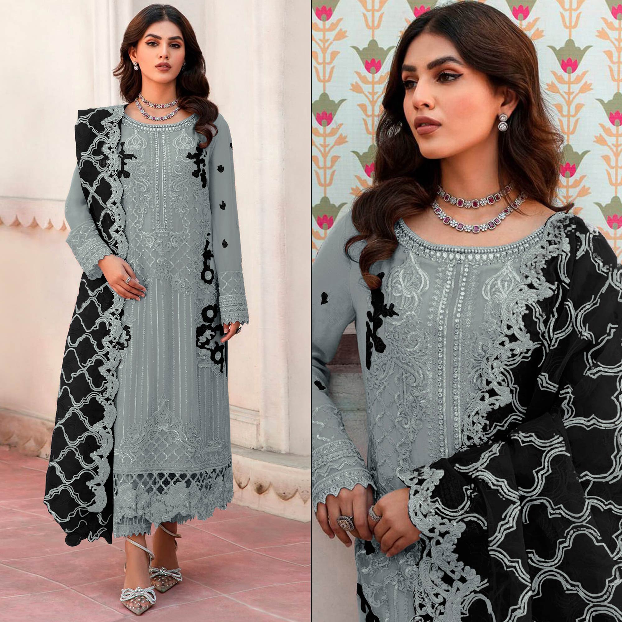Grey Floral Embroidered Organza Semi Stitched Pakistani Suit