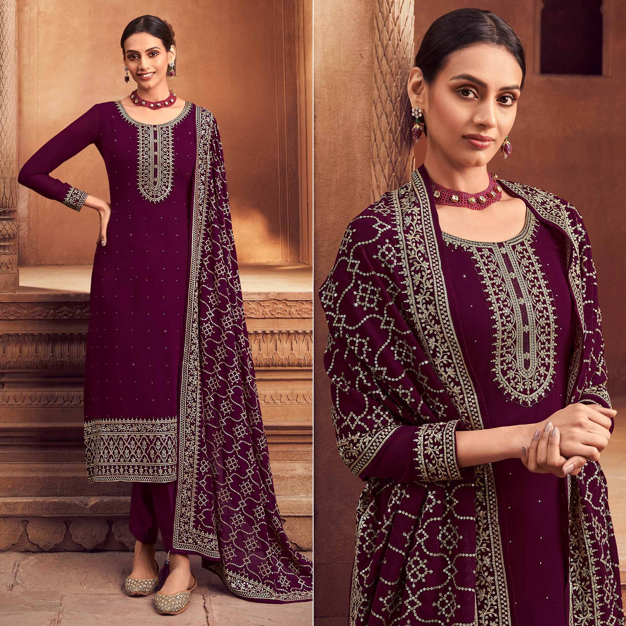 Wine Sequins Embroidered Georgette Semi Stitched Suit