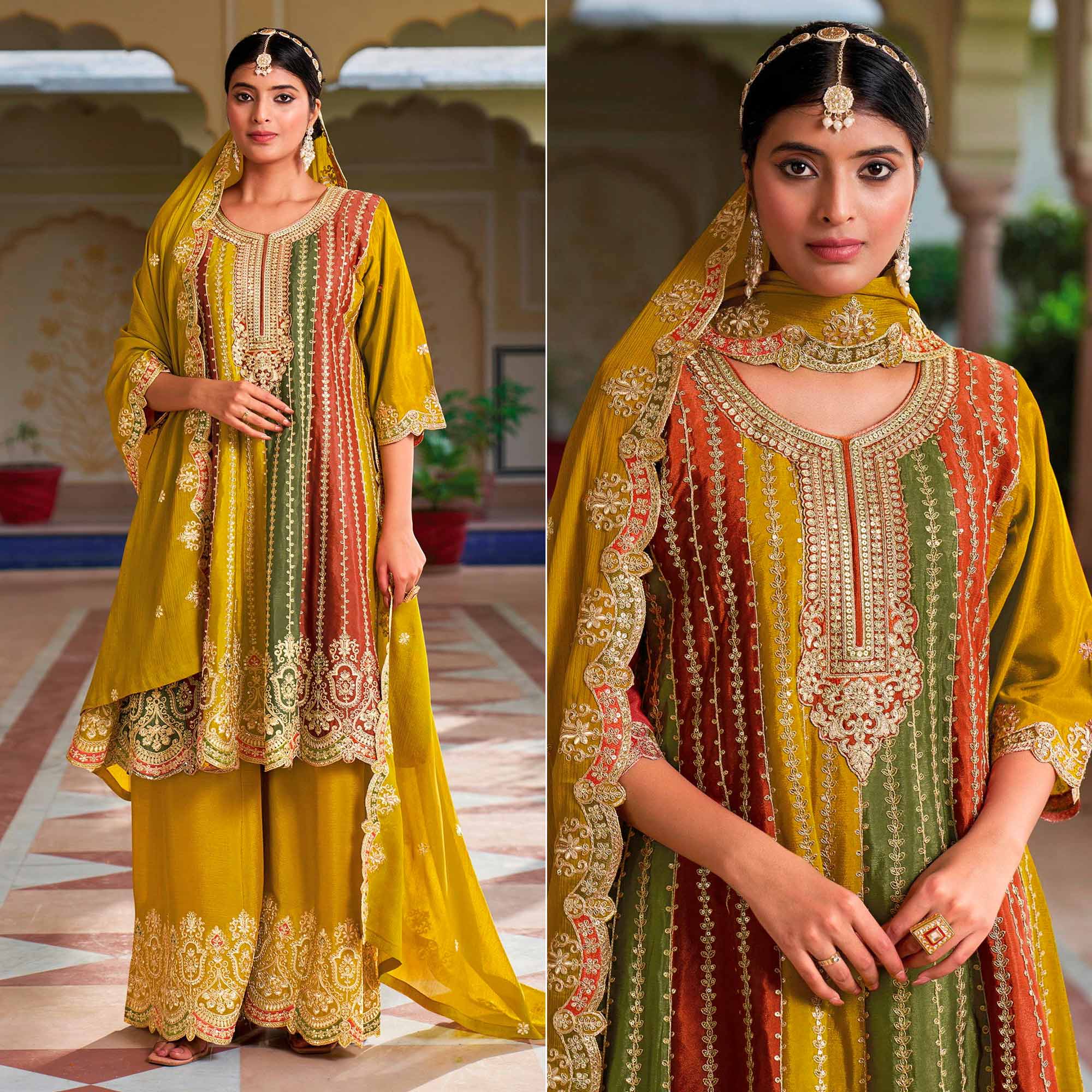 Yellow Sequins Embroidered Chinon Semi Stitched Dress Material