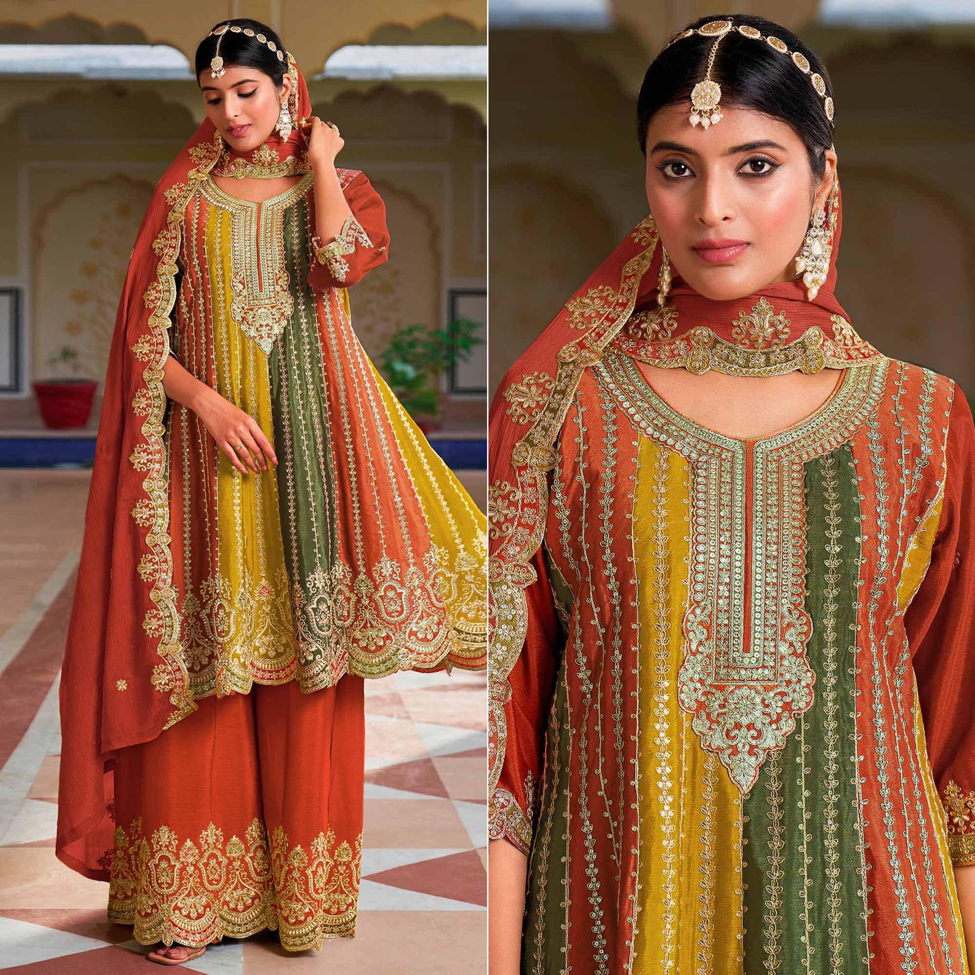 Rust Sequins Embroidered Chinon Semi Stitched Dress Material