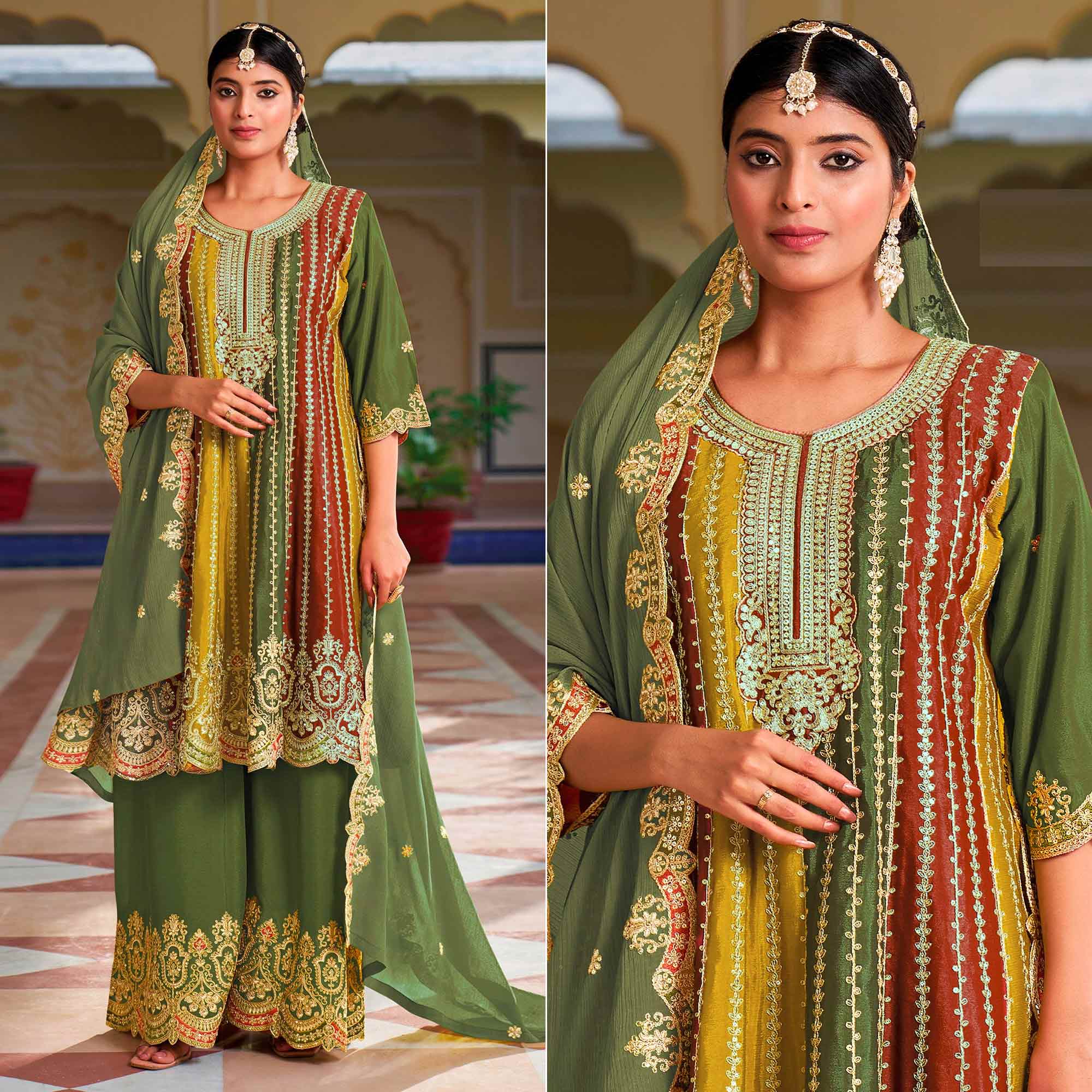 Green Sequins Embroidered Chinon Semi Stitched Dress Material