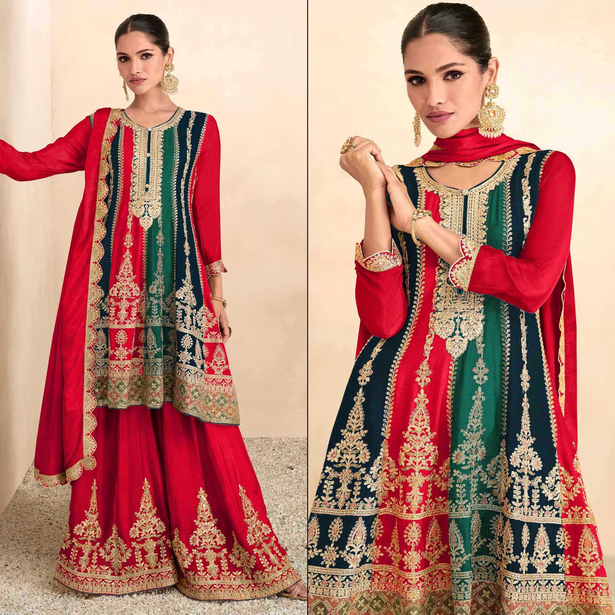 Rani Pink Sequins Embroidered Chinon Semi Stitched Sharara Suit