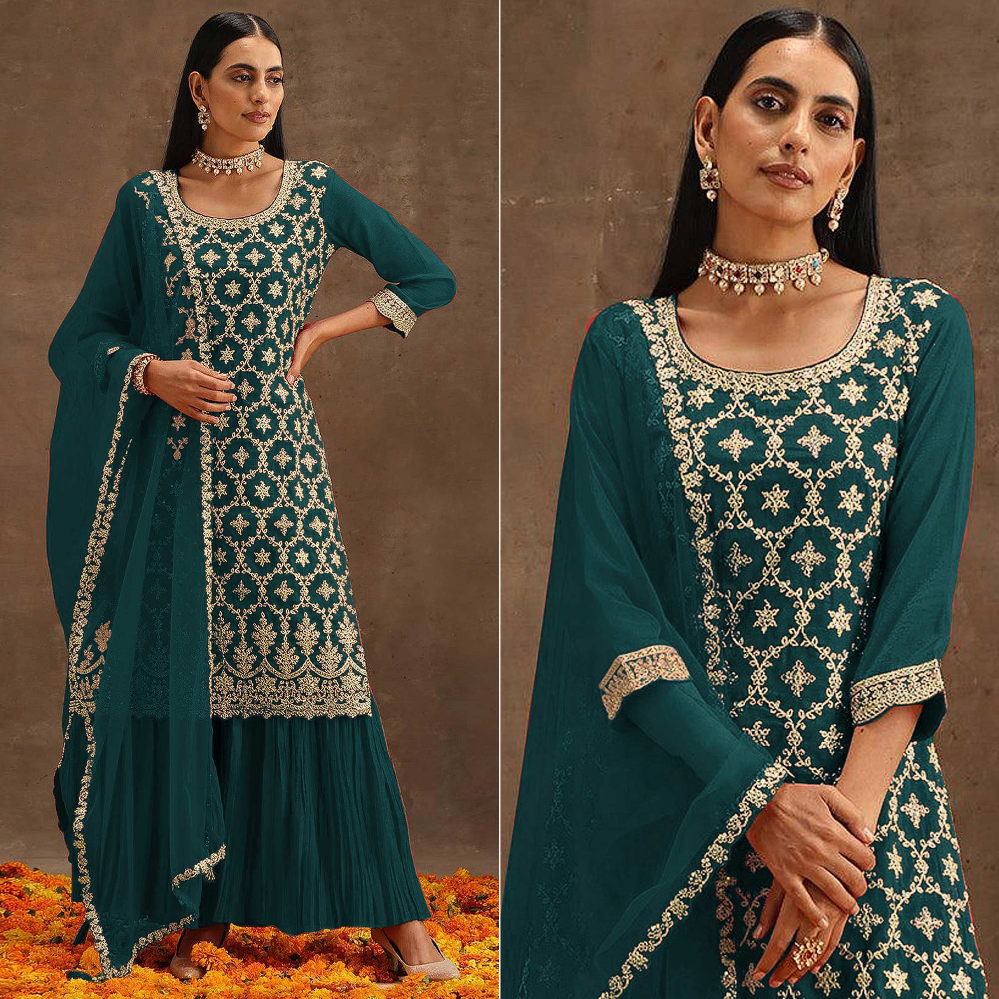 Green Embroidered Georgette Semi Stitched Suit
