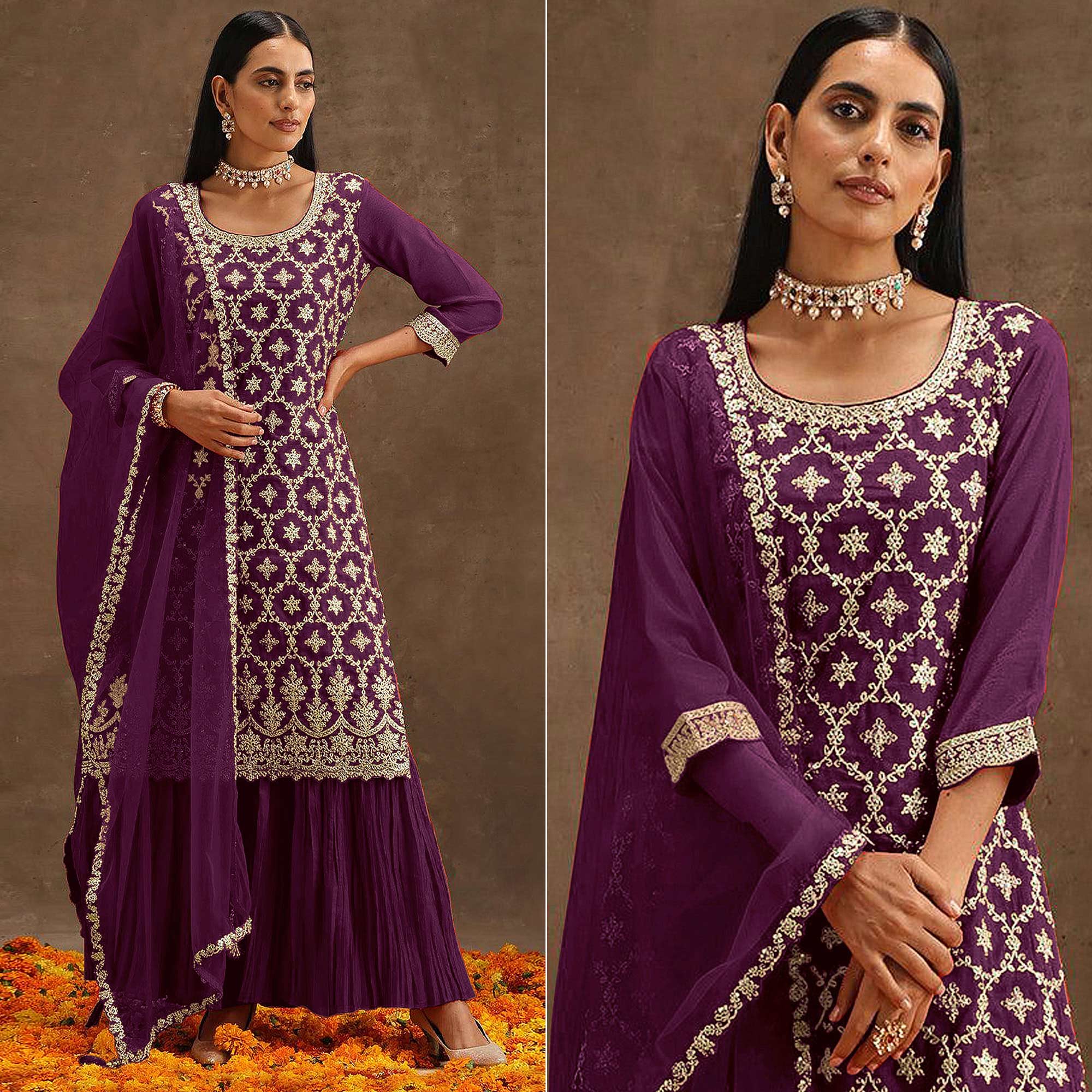 Purple Embroidered Georgette Semi Stitched Suit