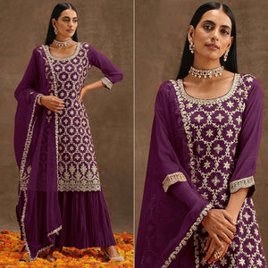 Purple Embroidered Georgette Semi Stitched Suit