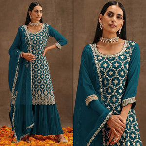 Teal Embroidered Georgette Semi Stitched Suit
