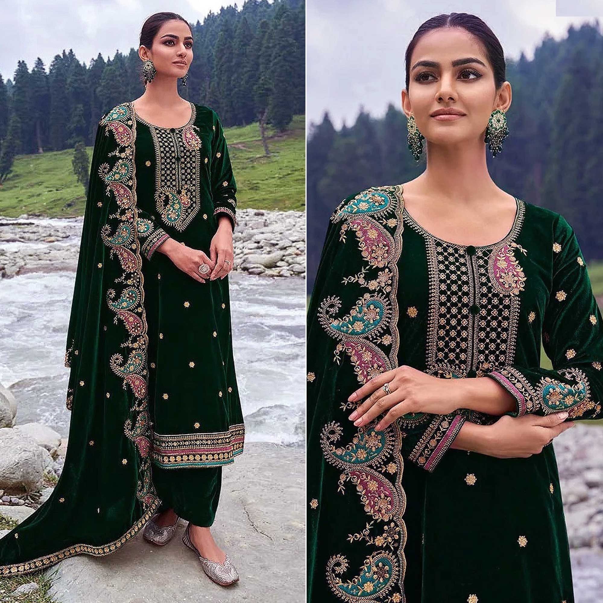 Green Floral Embroidered Velvet Semi Stitched Salwar Suit