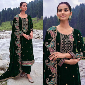 Green Floral Embroidered Velvet Semi Stitched Salwar Suit