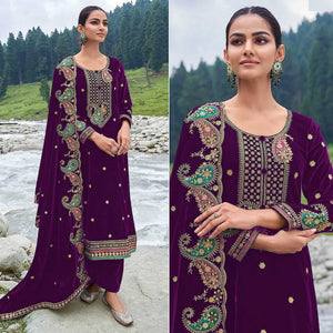 Purple Floral Embroidered Velvet Semi Stitched Salwar Suit