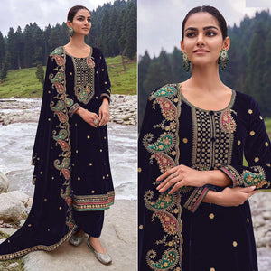 Navy Blue Floral Embroidered Velvet Semi Stitched Salwar Suit