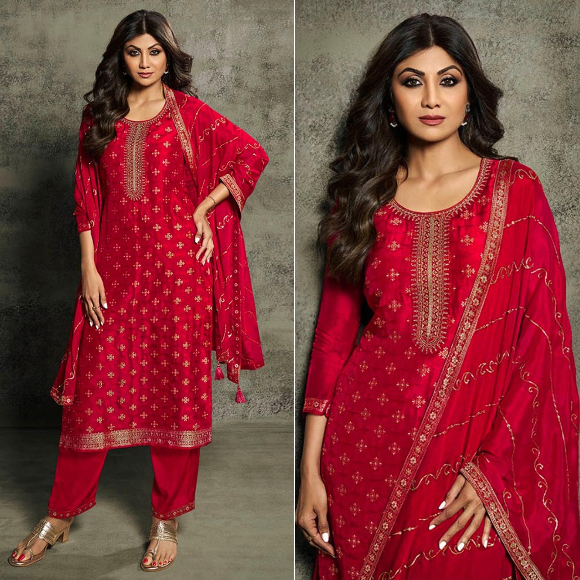 Red Floral Woven Jacquard Semi Stitched Salwar Suit
