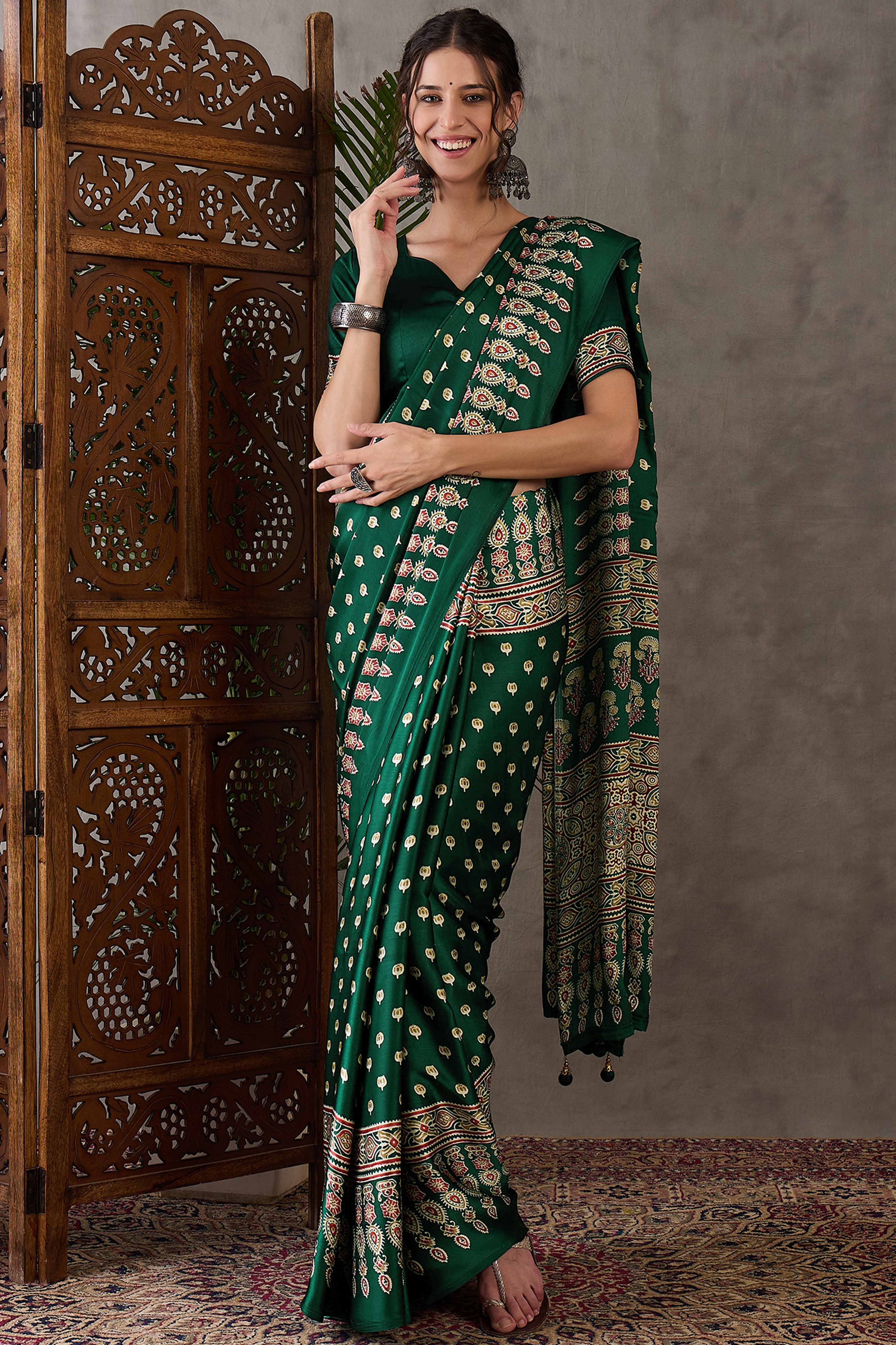 Green Ajrakh Inspired Printed Modal Satin Saree for Party Occasions