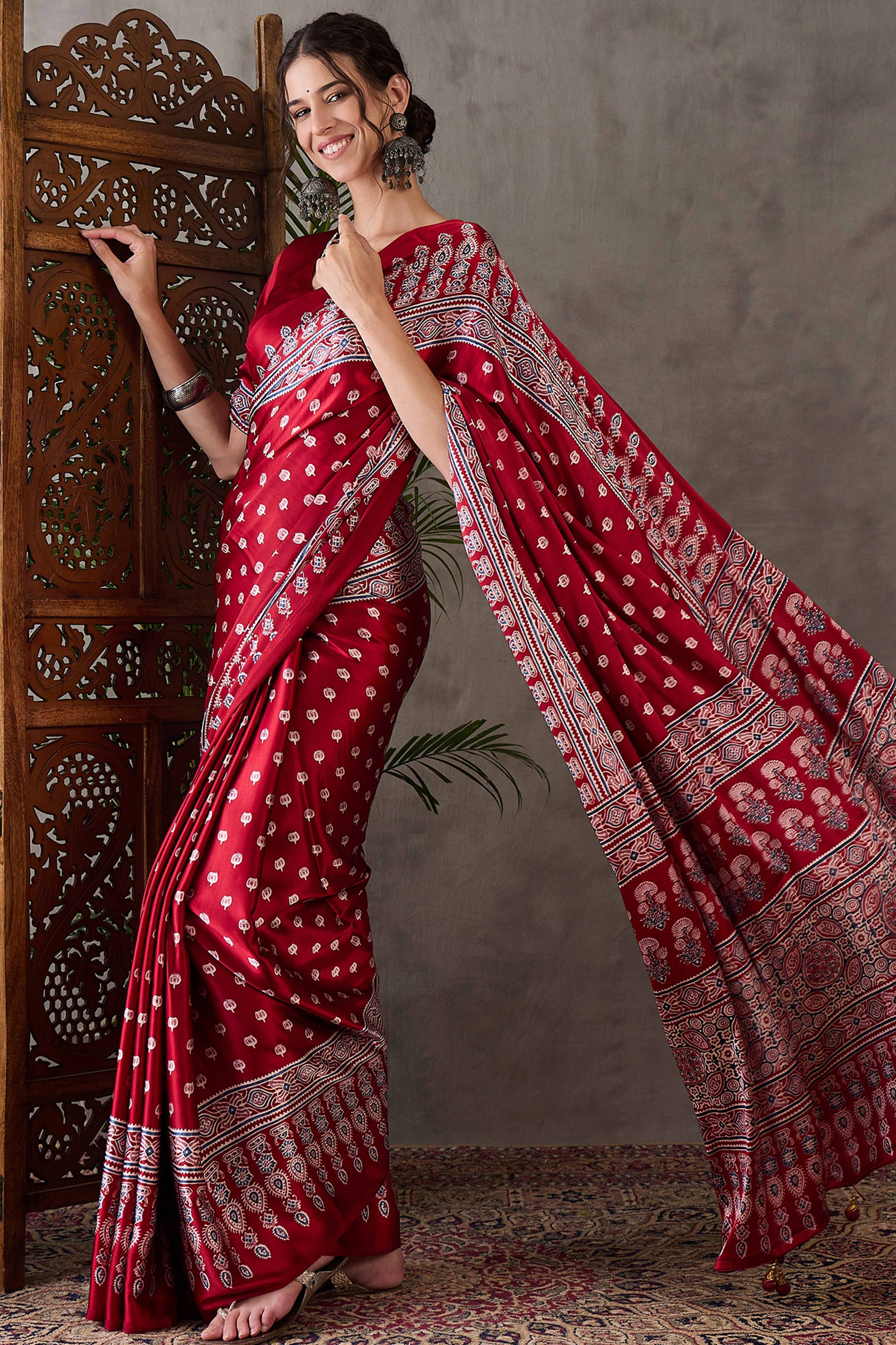 Red Ajrakh Inspired Printed Modal Satin Saree for Party Occasions