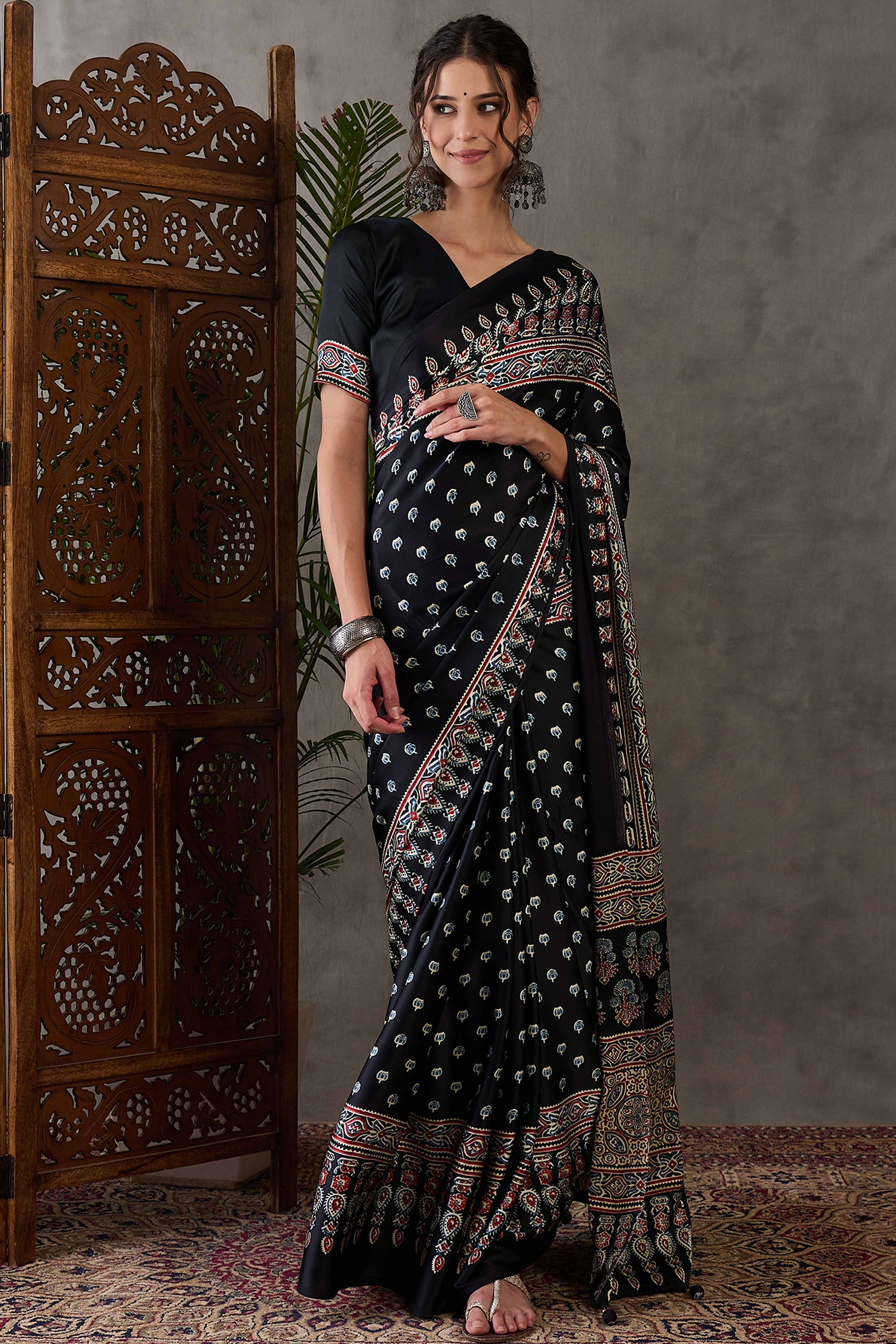 Black Ajrakh Inspired Printed Modal Satin Saree for Party Occasions