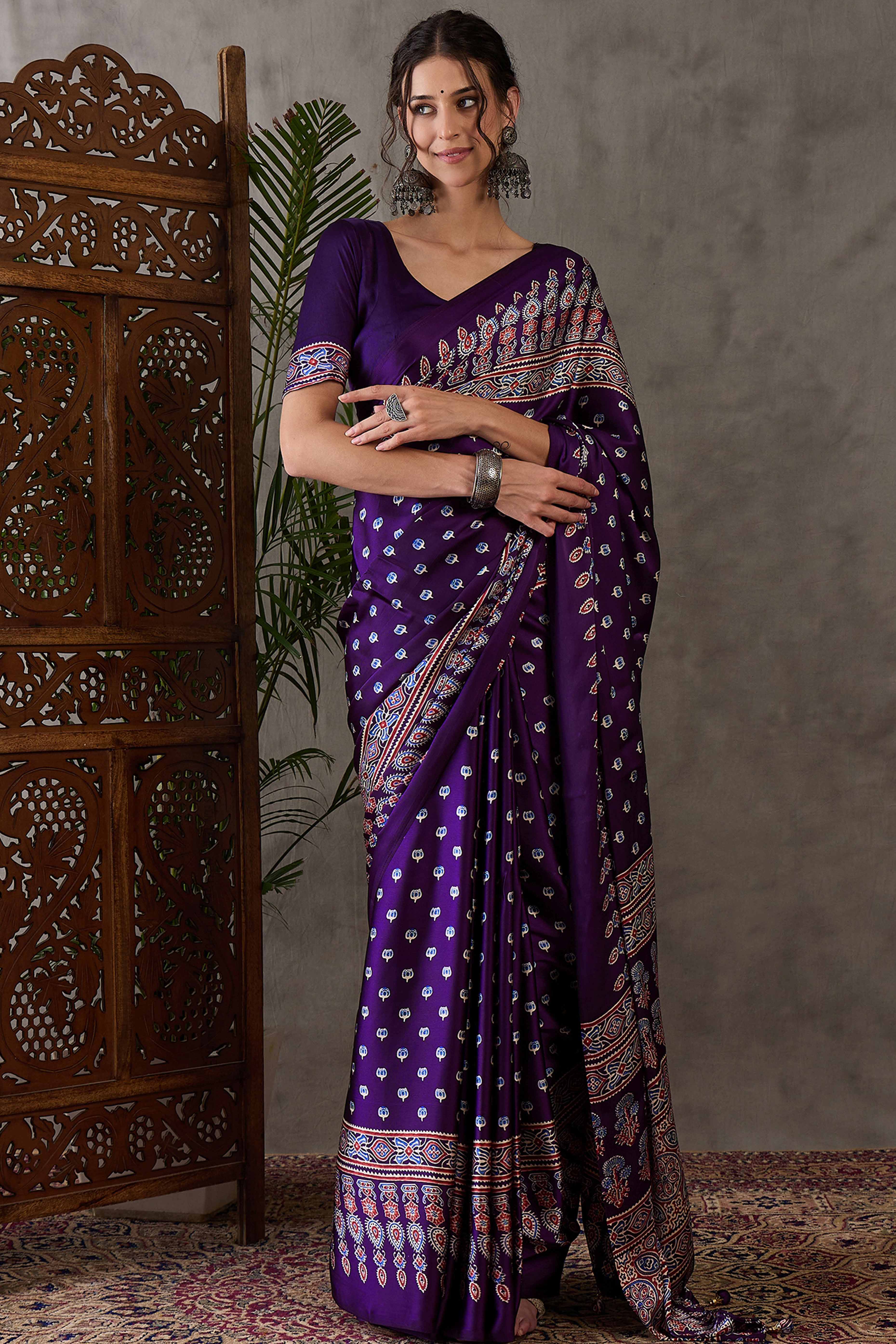 Purple Ajrakh Inspired Printed Modal Satin Saree for Party Occasions