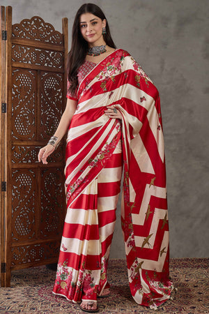 Red Floral Printed Modal Satin Party Wear Saree with a Smooth Satin Finish