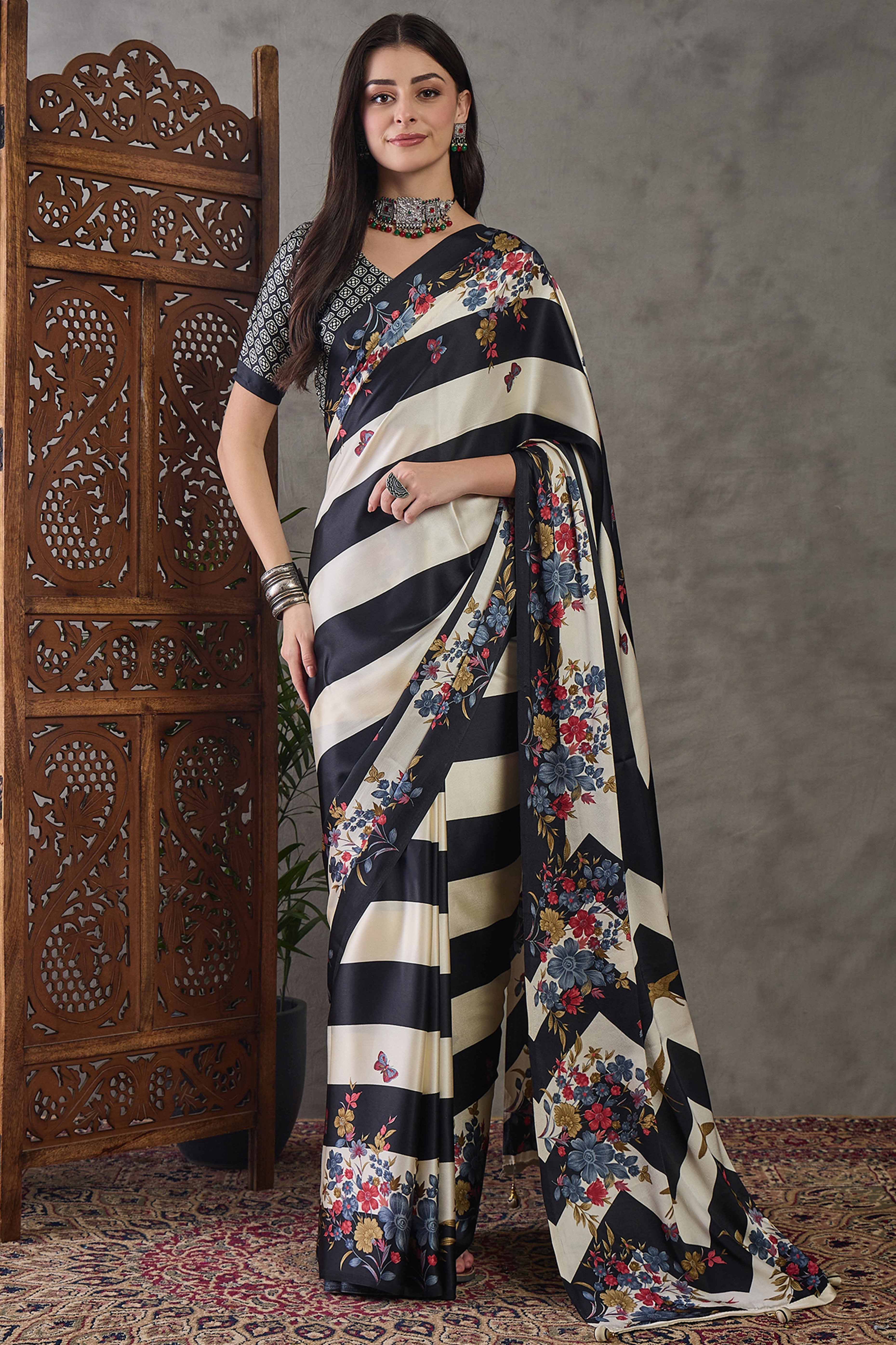 Black Floral Printed Modal Satin Party Wear Saree with a Smooth Satin Finish