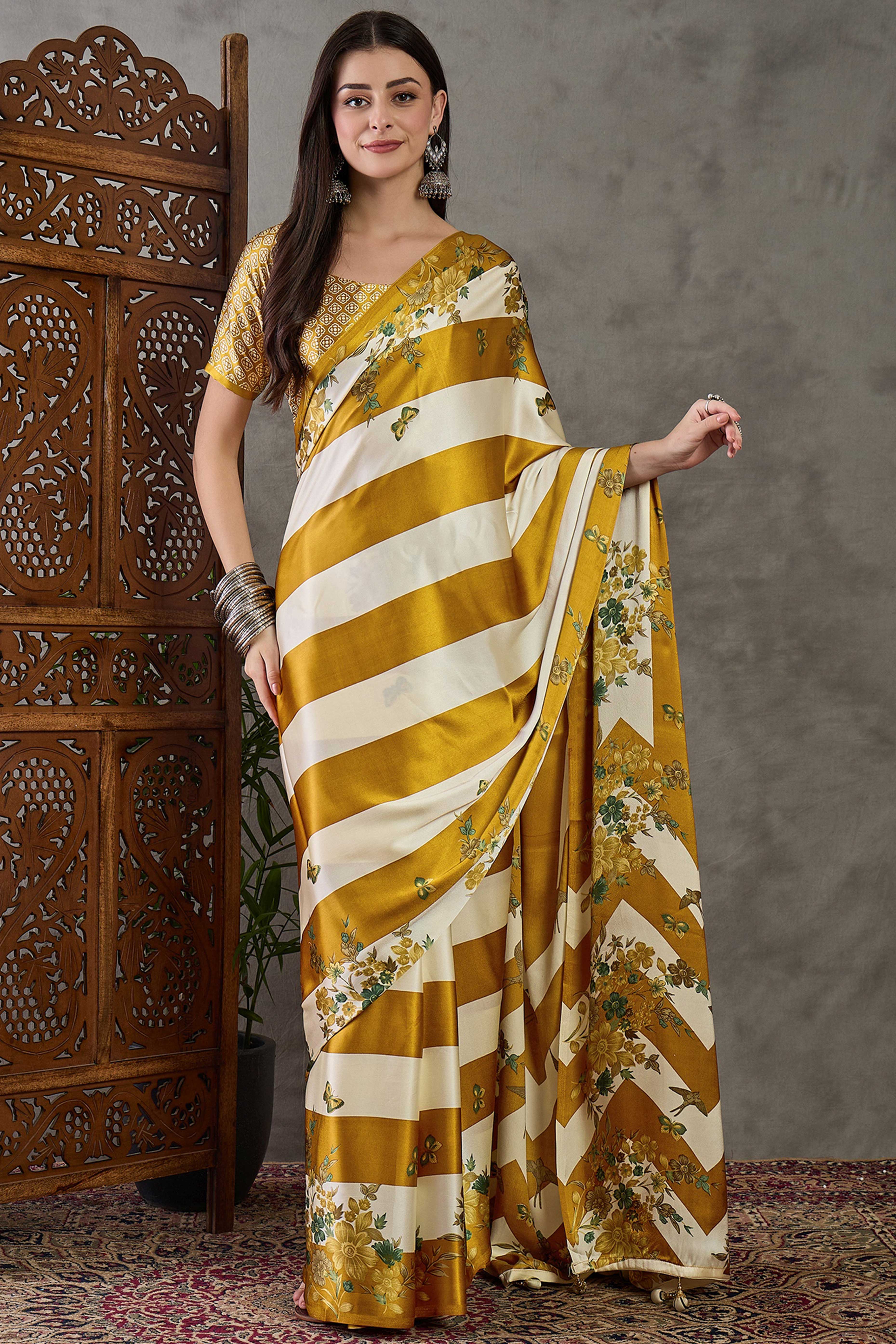 Olive Floral Printed Modal Satin Party Wear Saree with a Smooth Satin Finish