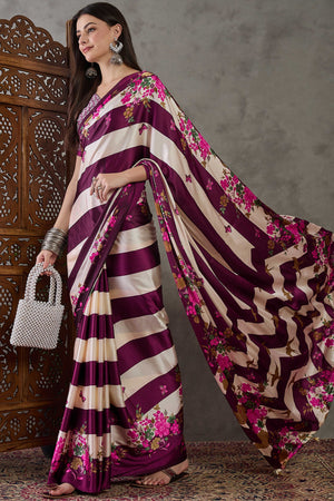 Wine Floral Printed Modal Satin Party Wear Saree with a Smooth Satin Finish