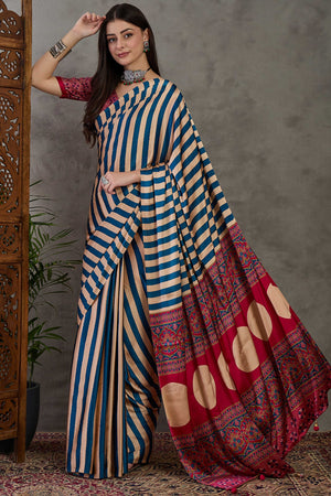Blue Modal Satin Saree with Subtle Stripe Design and Ajrakh Print on Pallu