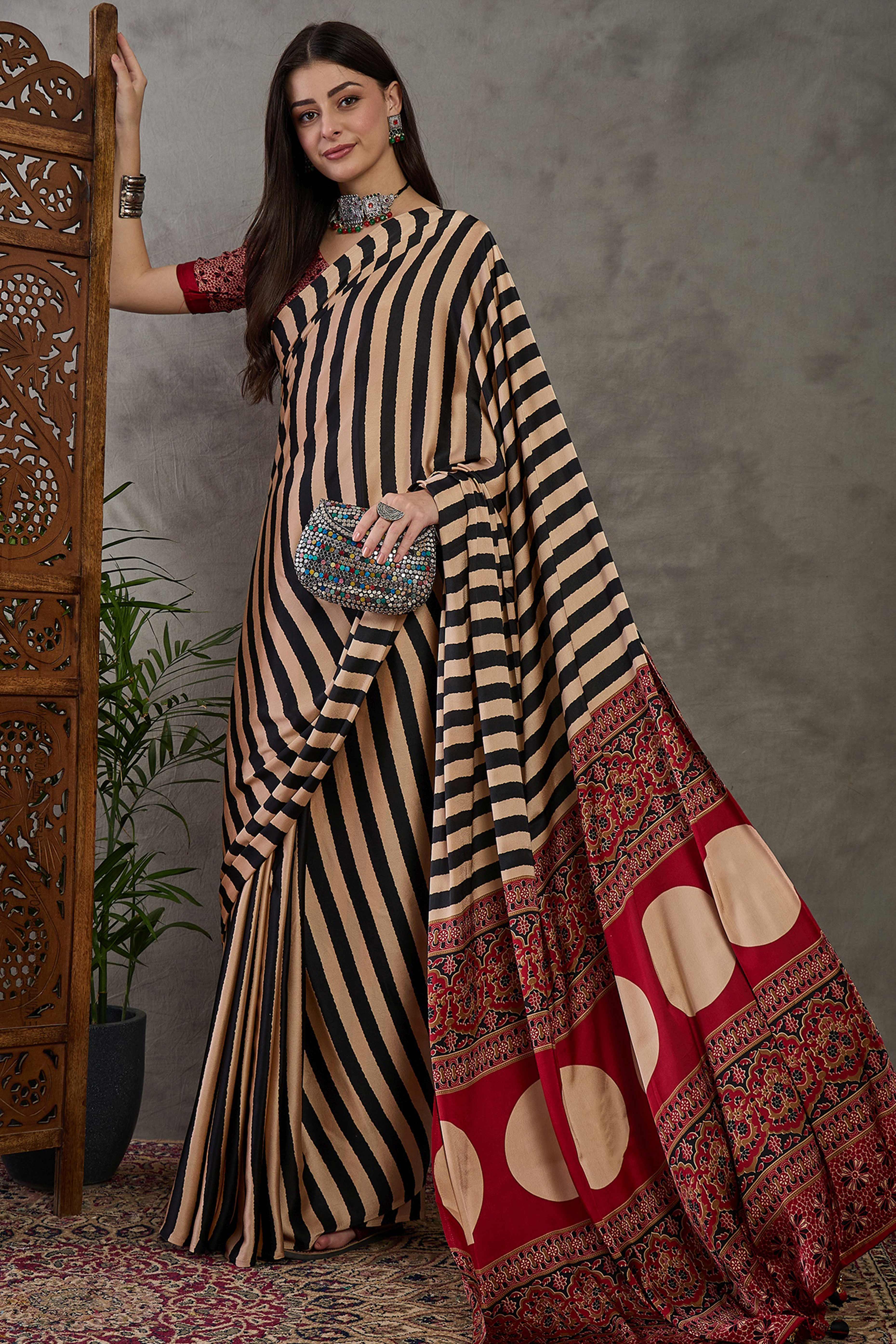 Black Modal Satin Saree with Subtle Stripe Design and Ajrakh Print on Pallu