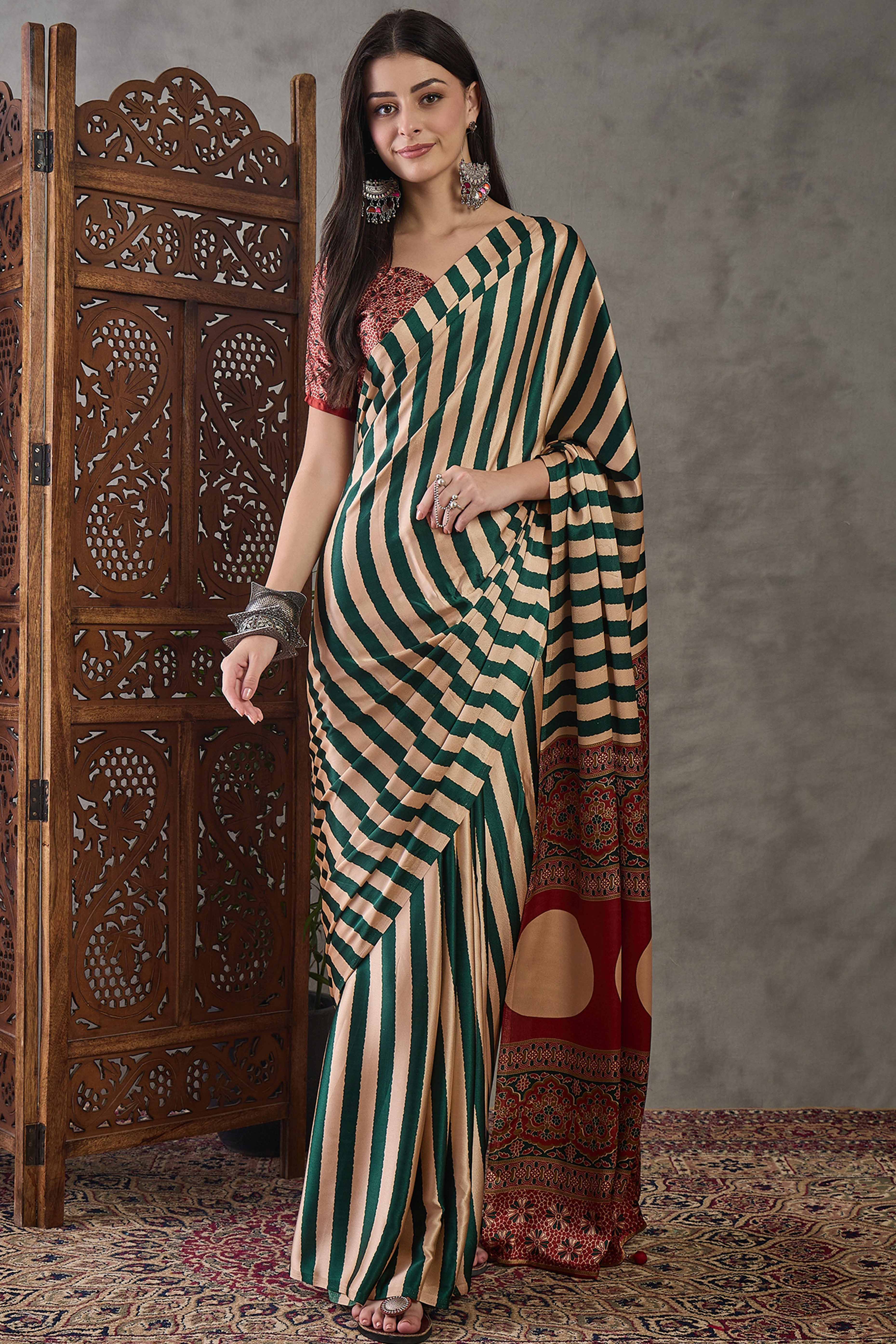 Green Modal Satin Saree with Subtle Stripe Design and Ajrakh Print on Pallu