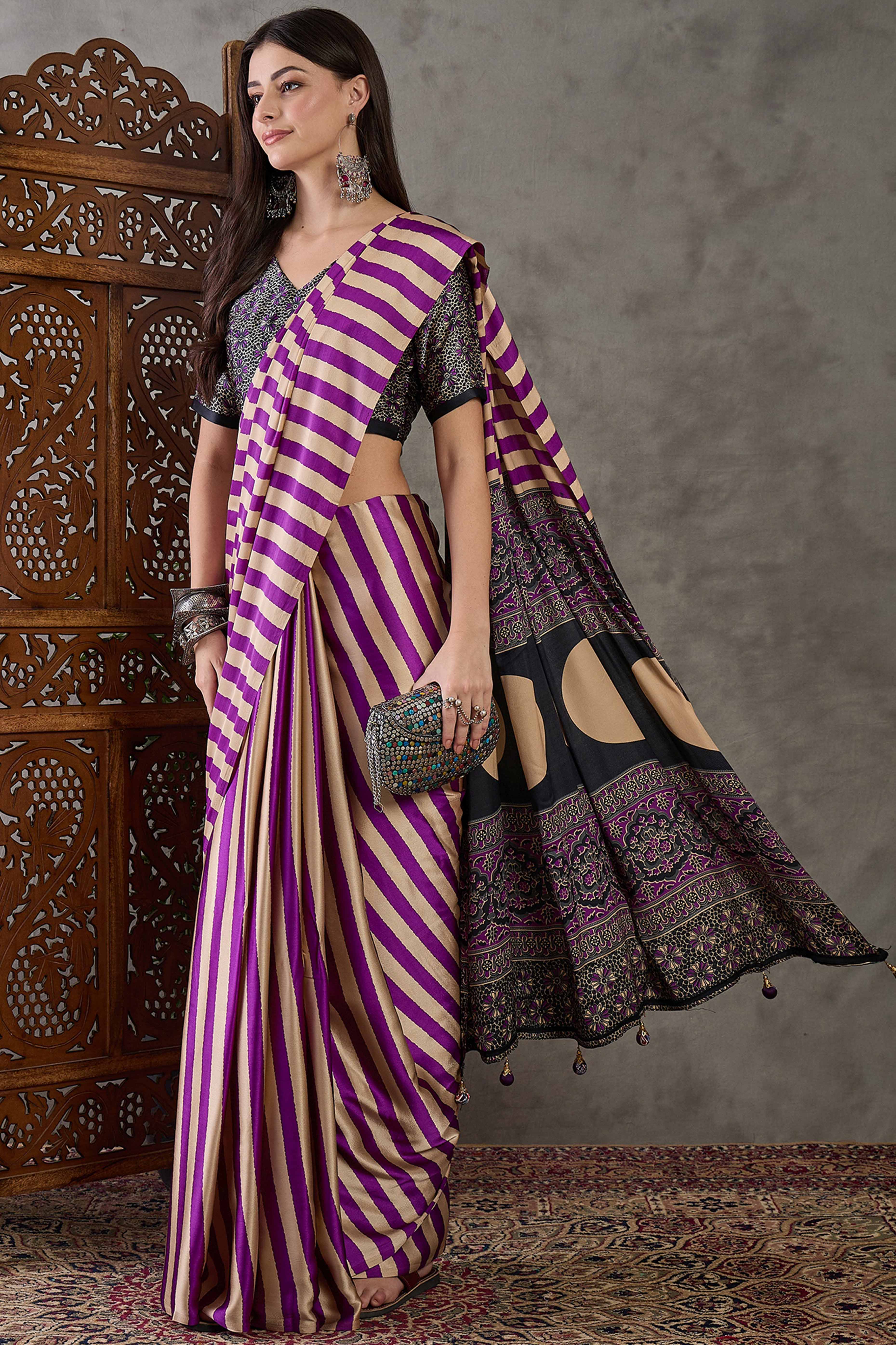 Purple Modal Satin Saree with Subtle Stripe Design and Ajrakh Print on Pallu
