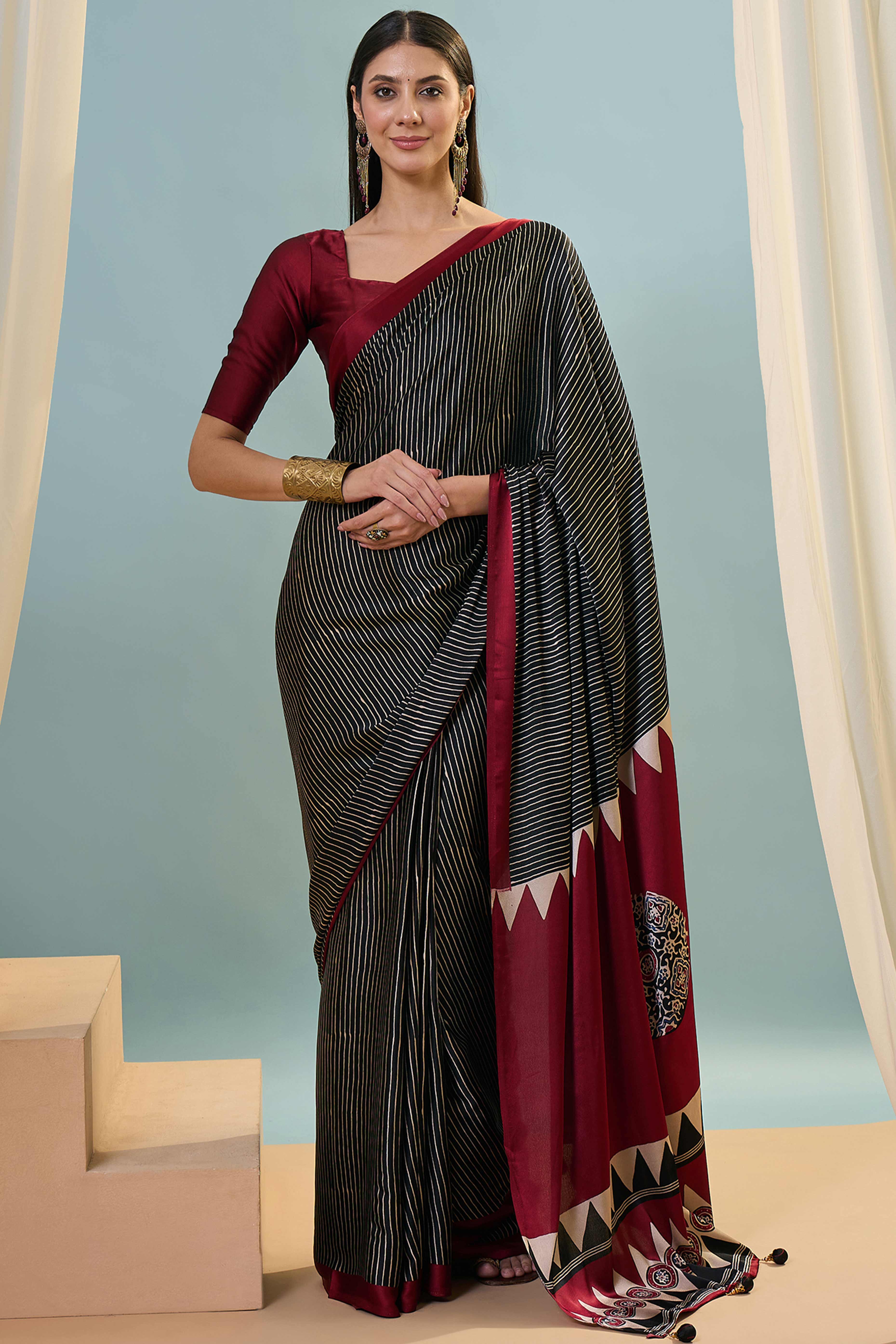 Black Ajrakh Print Satin Saree With Traditional Charm