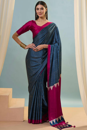 Blue Ajrakh Print Satin Saree With Traditional Charm