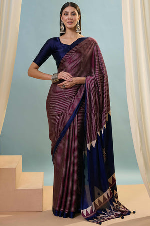 Wine Ajrakh Print Satin Saree With Traditional Charm