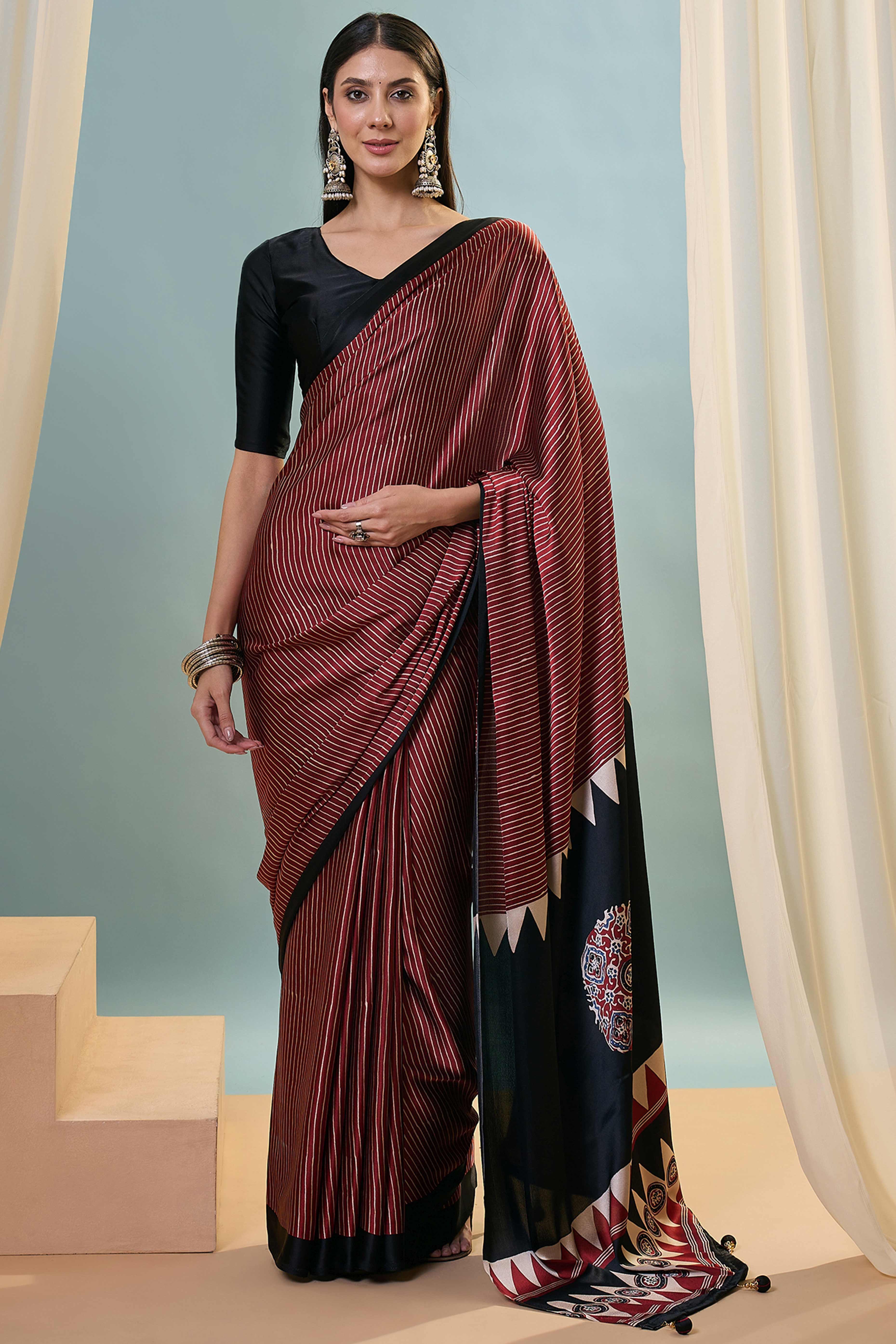 Maroon Ajrakh Print Satin Saree With Traditional Charm