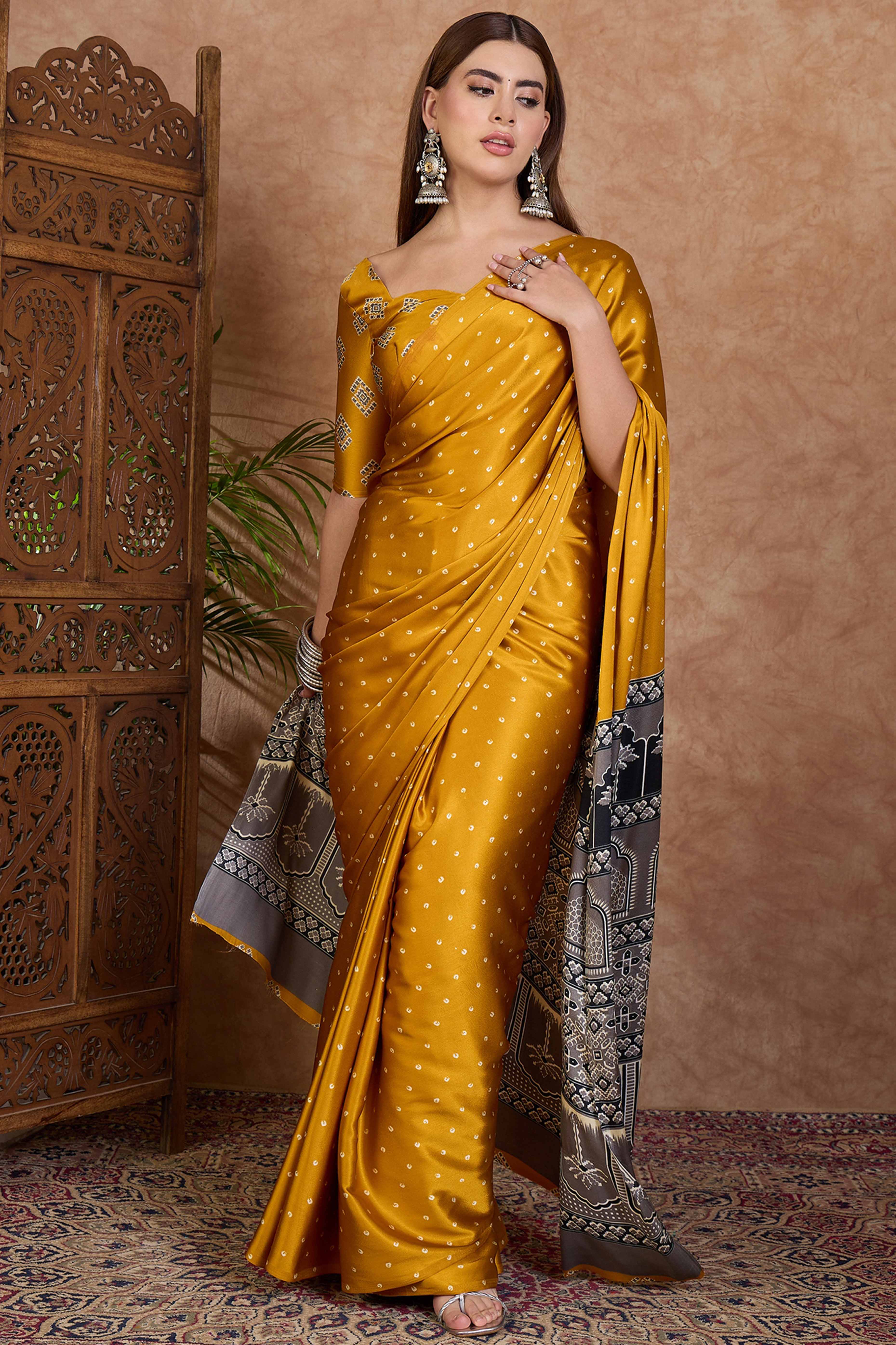Mustard Polka Dot Modal Satin Saree with Traditional Ajrakh Detailing on Pallu
