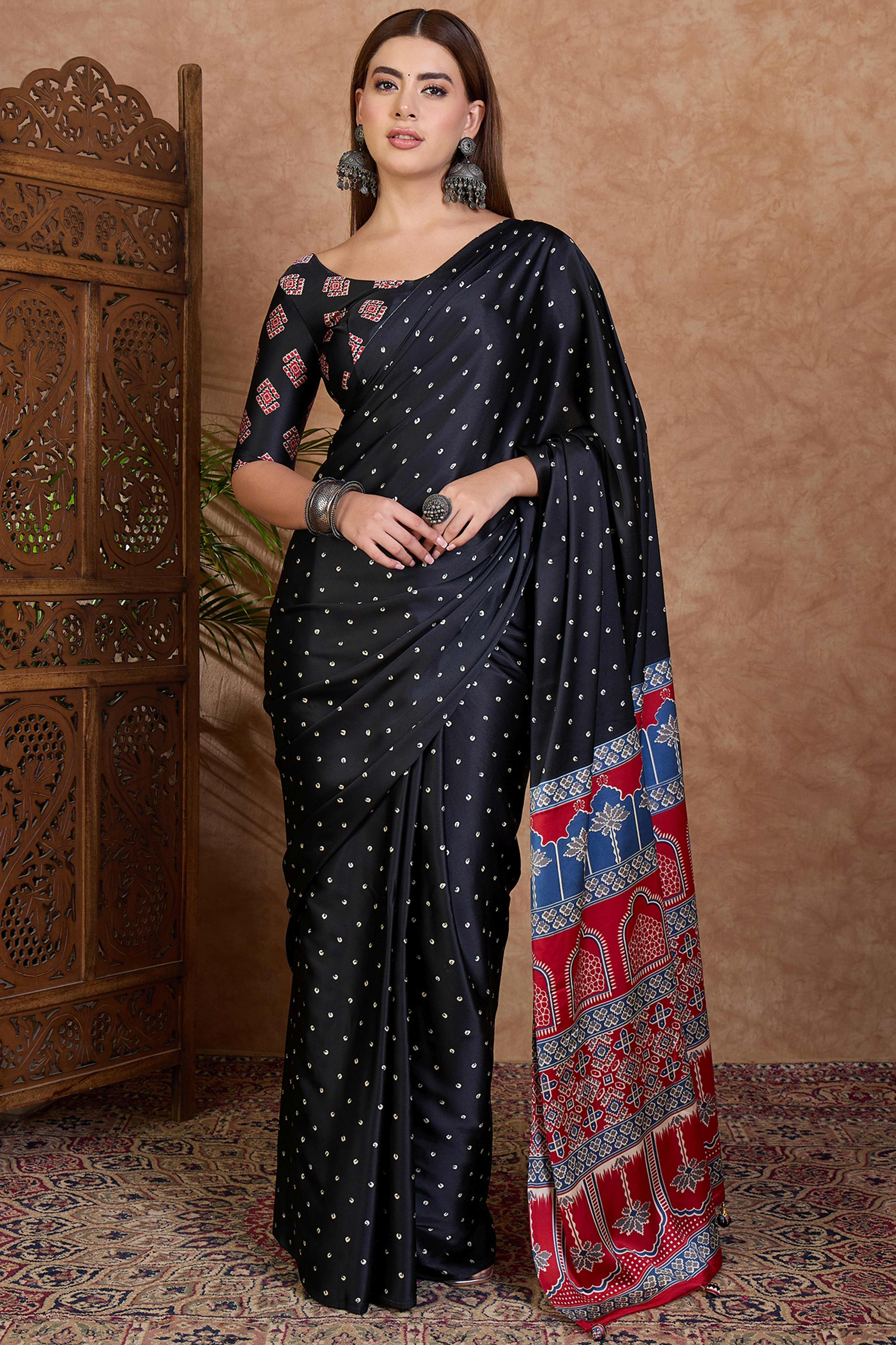 Black Polka Dot Modal Satin Saree with Traditional Ajrakh Detailing on Pallu