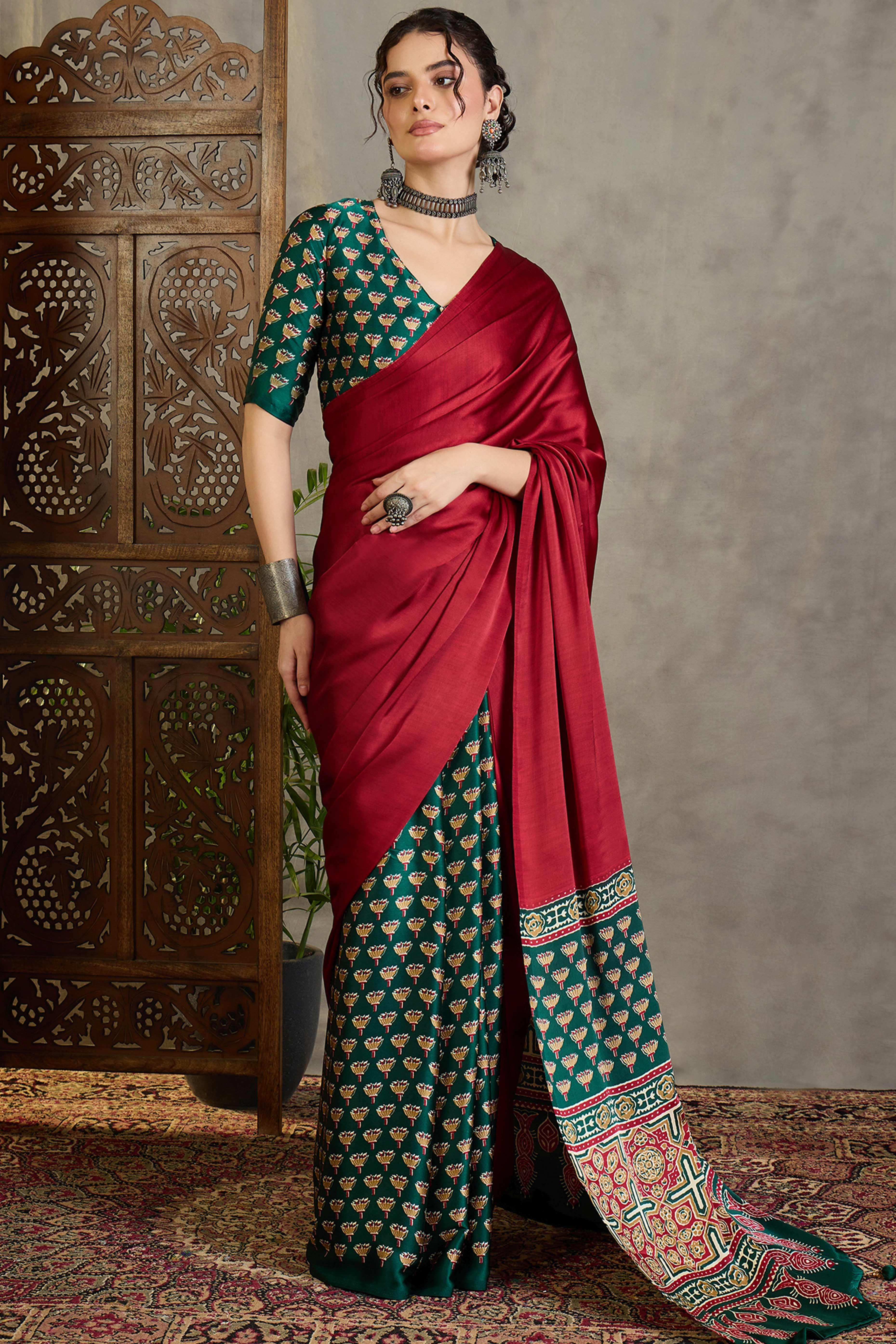 Green Solid Modal Satin Saree Highlighted with Classic Ajrakh Pallu Design