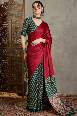 Green Solid Modal Satin Saree Highlighted with Classic Ajrakh Pallu Design