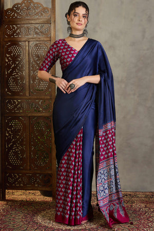 Wine Solid Modal Satin Saree Highlighted with Classic Ajrakh Pallu Design