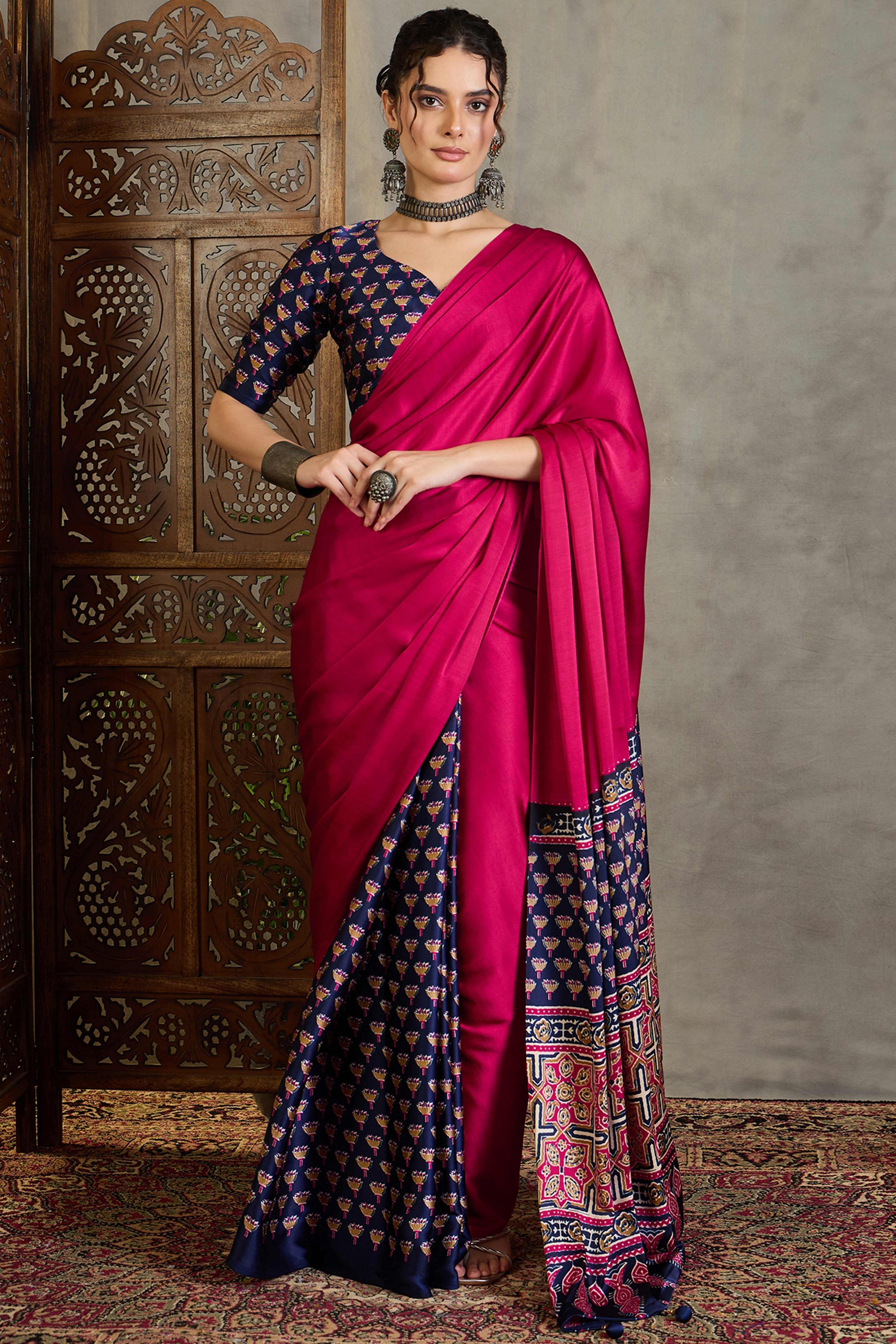 Blue Solid Modal Satin Saree Highlighted with Classic Ajrakh Pallu Design