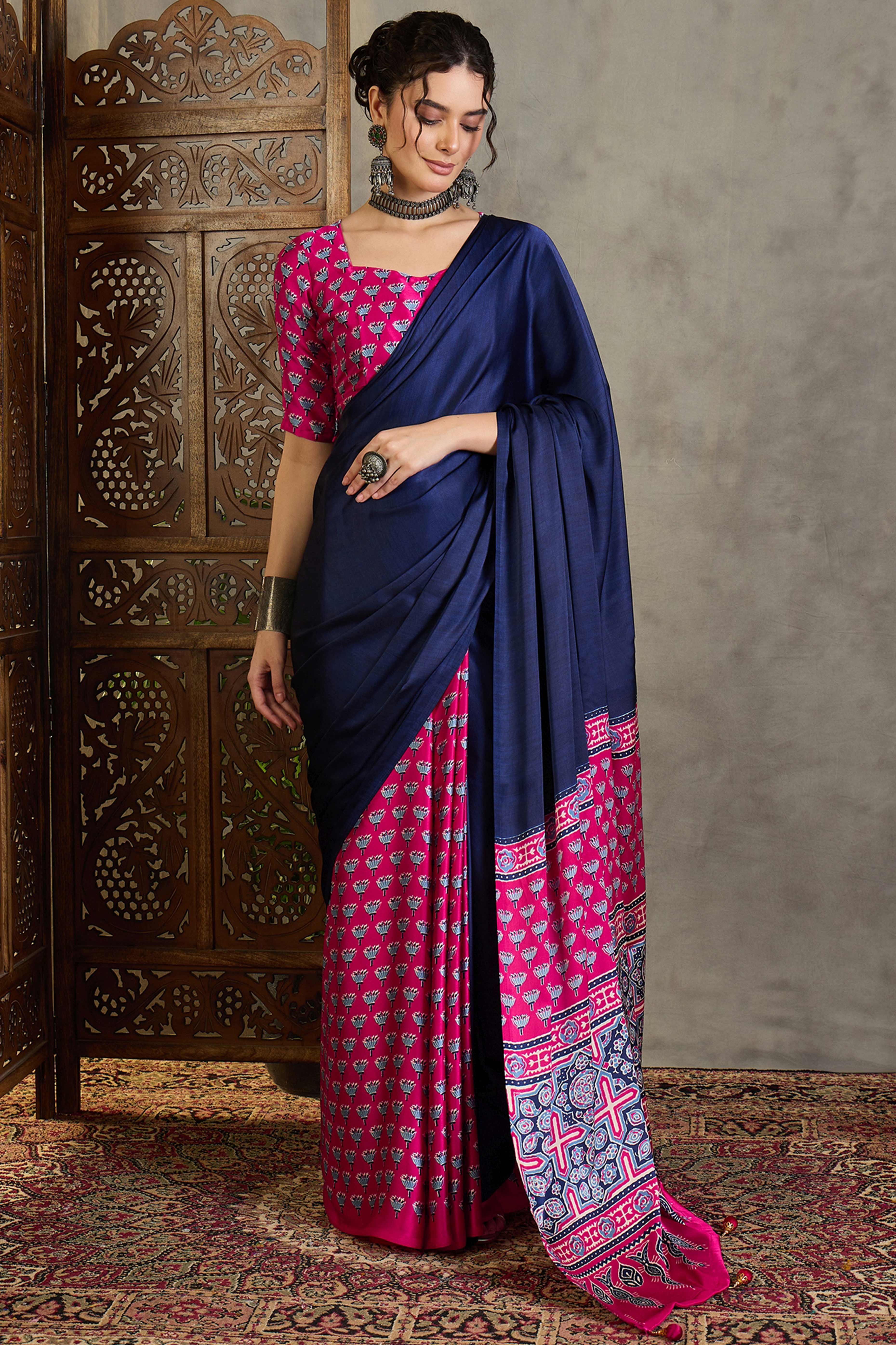 Pink Solid Modal Satin Saree Highlighted with Classic Ajrakh Pallu Design