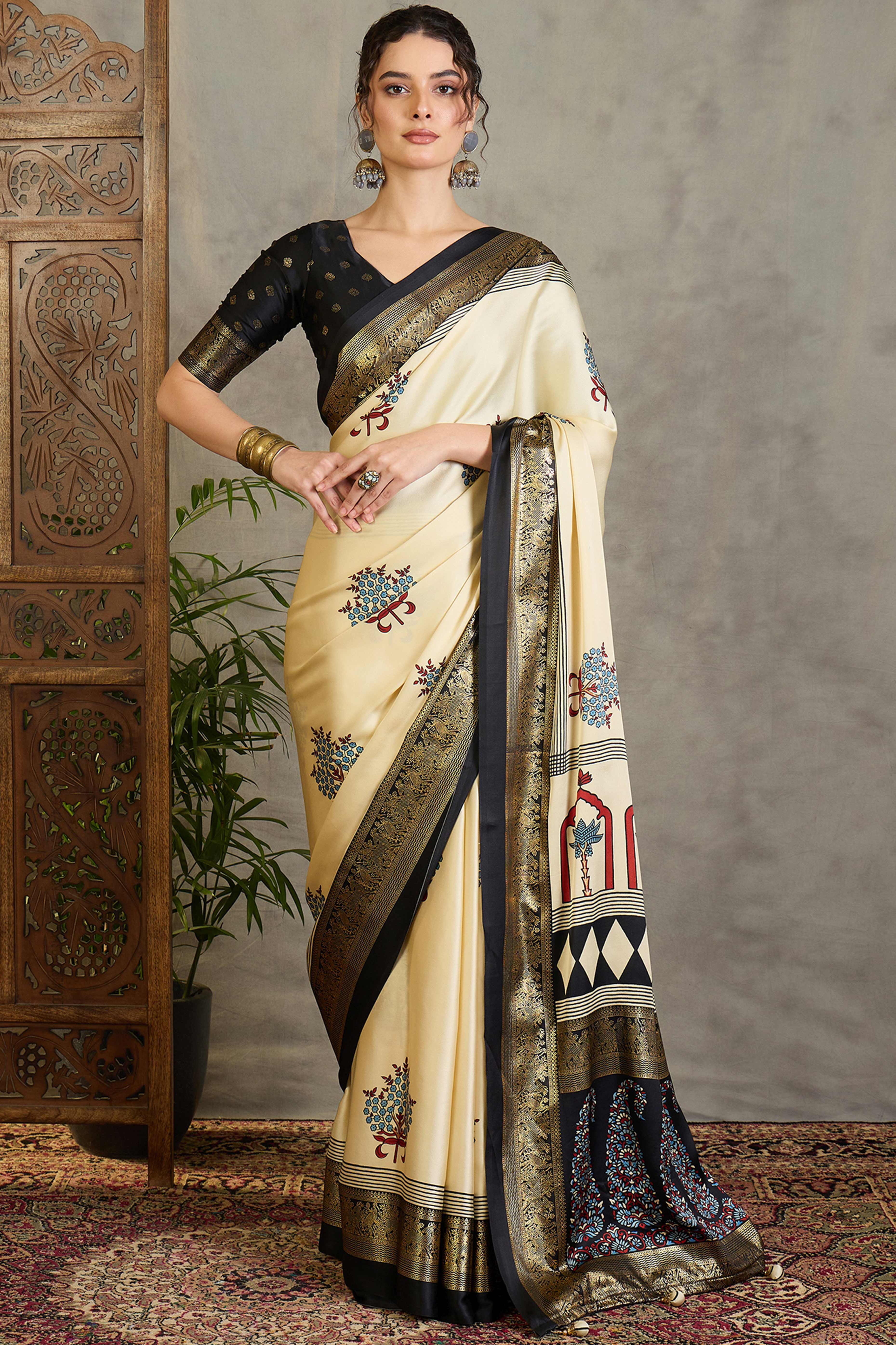 Cream Floral Printed Modal Satin Saree with Traditional Zari Detailing