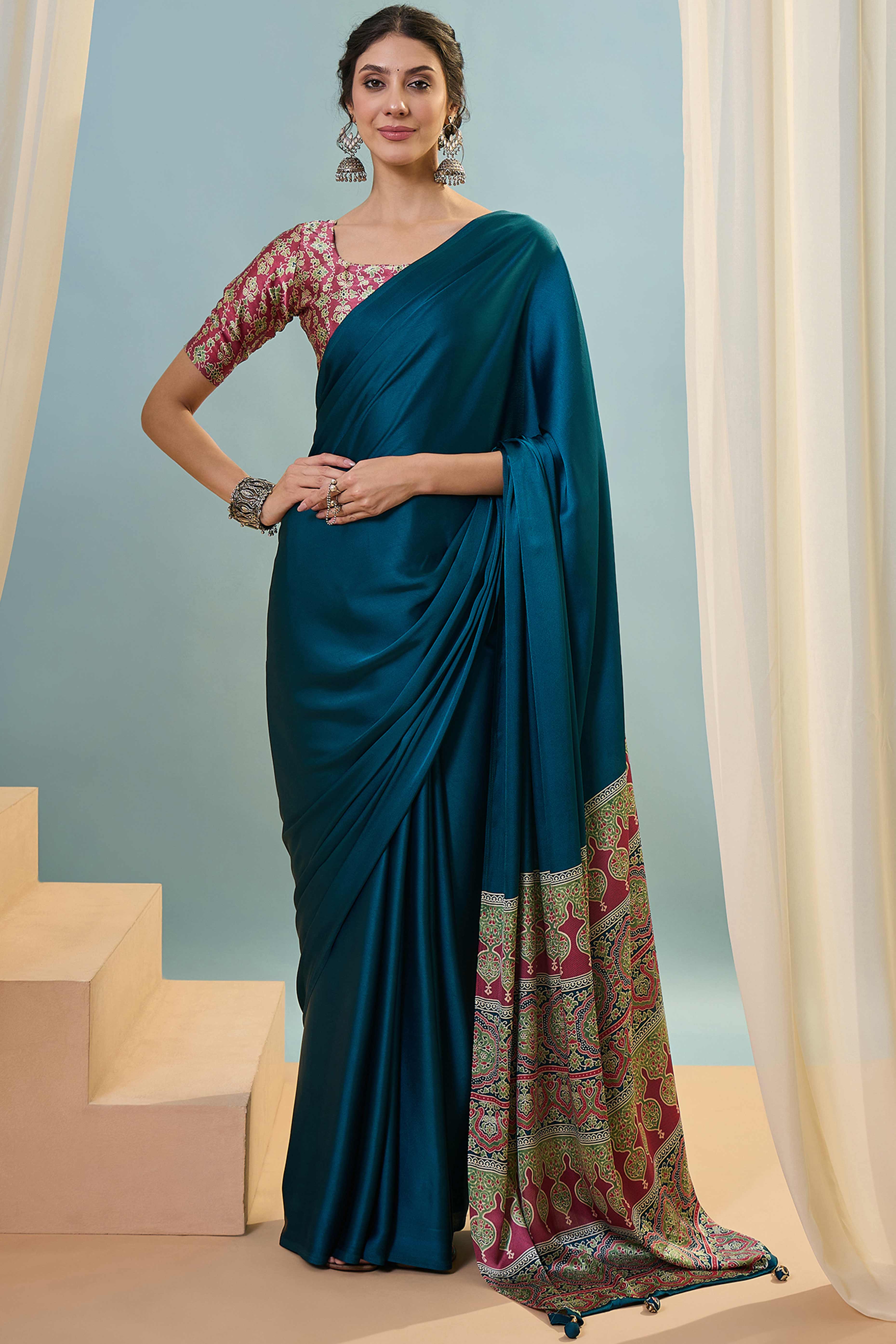 Blue Solid Modal Satin Saree Highlighted With Classic Ajrakh Pallu Design