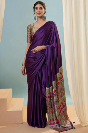 Purple Solid Modal Satin Saree Highlighted With Classic Ajrakh Pallu Design