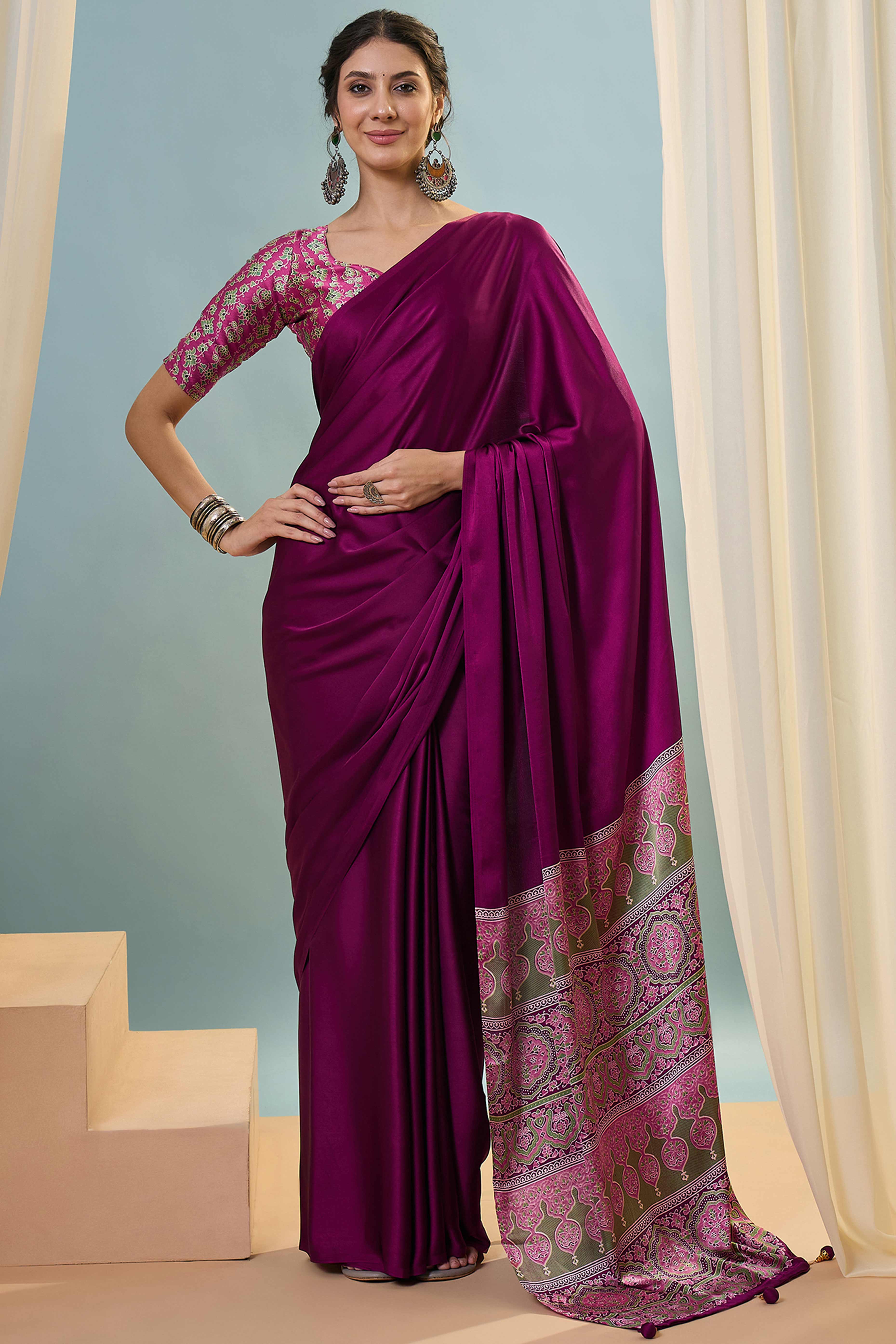 Magenta Solid Modal Satin Saree Highlighted With Classic Ajrakh Pallu Design