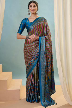 Modern Teal Striped Printed Modal Satin Saree with Luxurious Flow and Shine