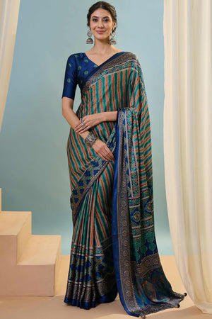 Modern Blue Striped Printed Modal Satin Saree with Luxurious Flow and Shine