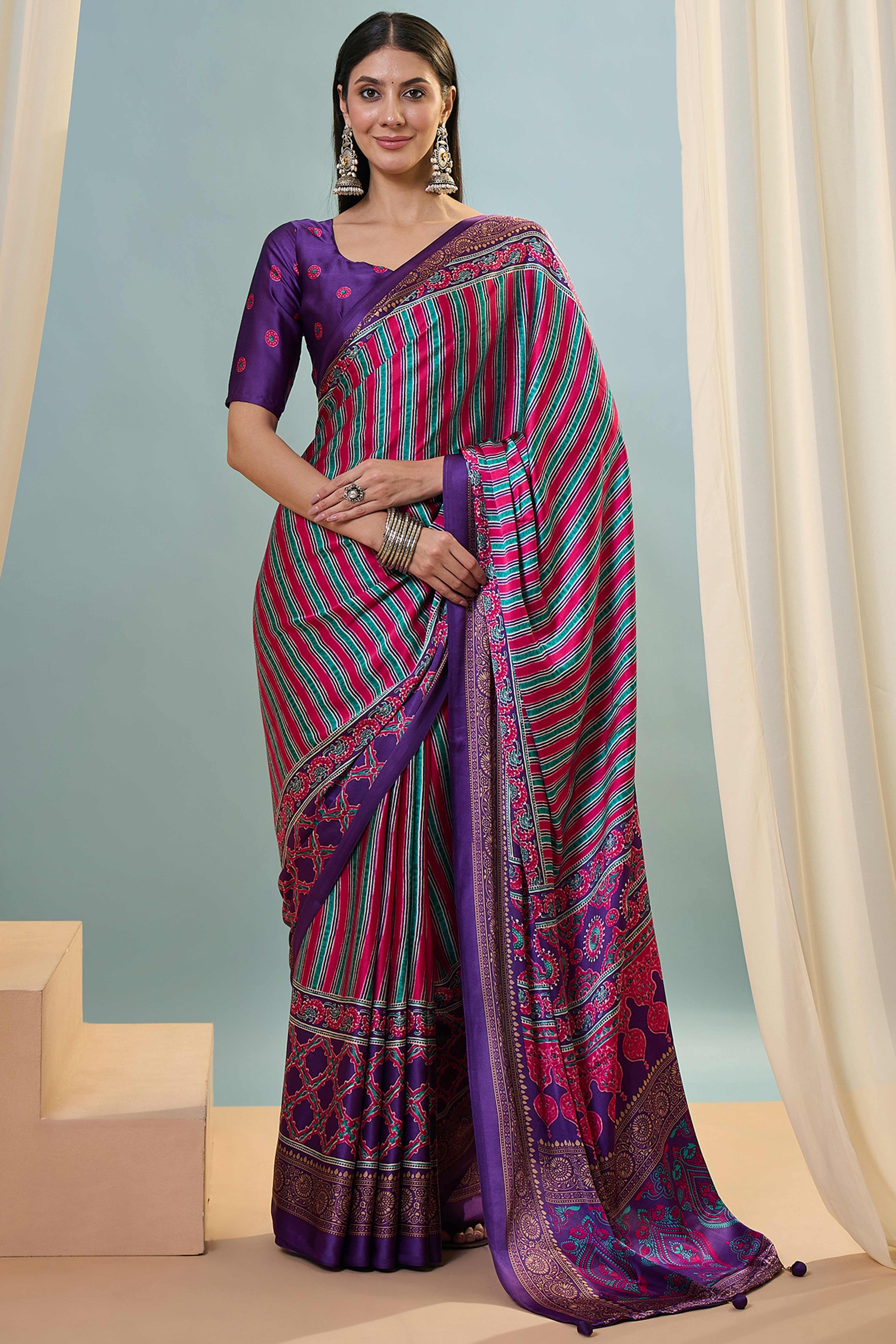 Modern Purple Striped Printed Modal Satin Saree with Luxurious Flow and Shine
