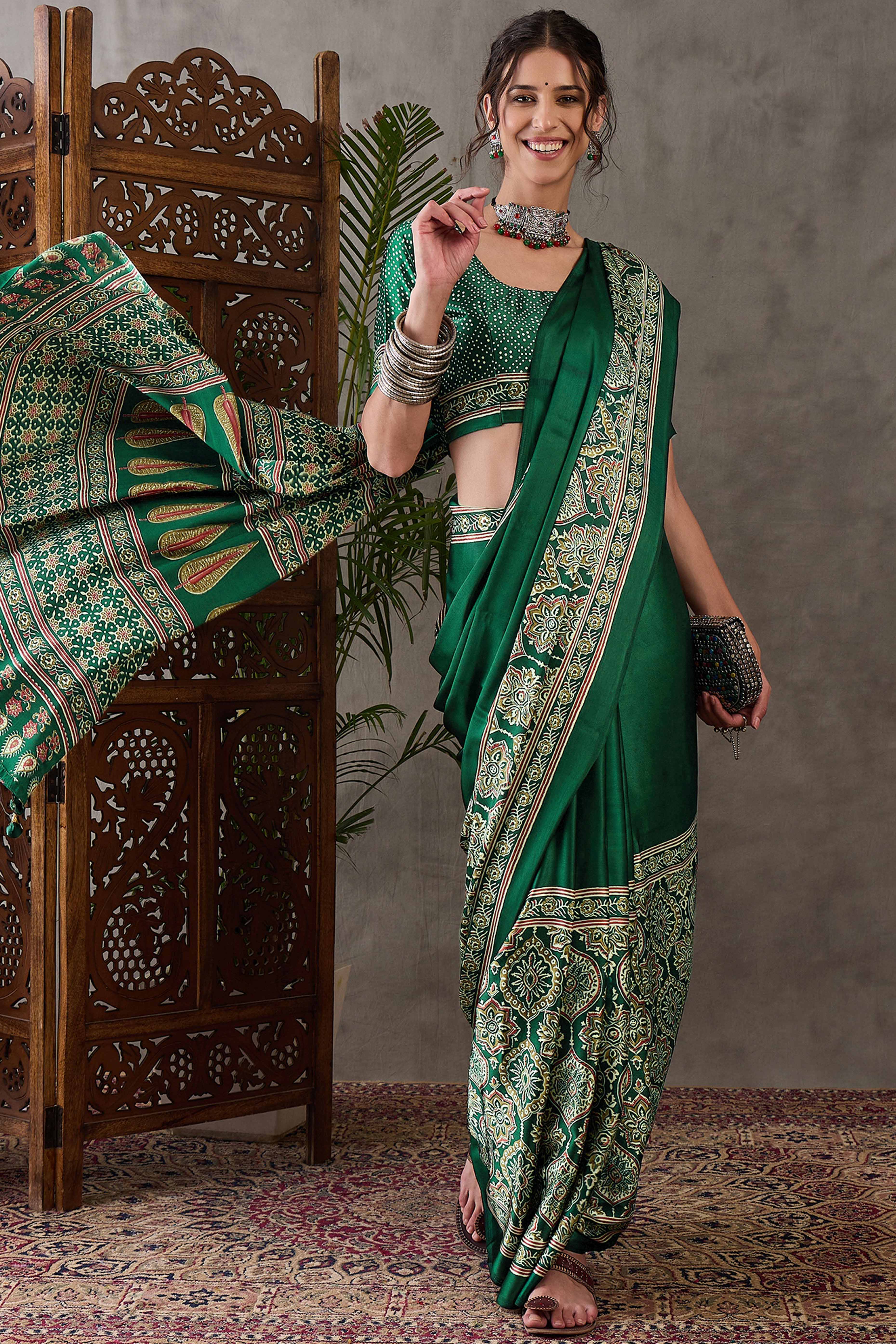 Green Ajrakh Printed Modal Satin Saree with Rich Party Wear Look